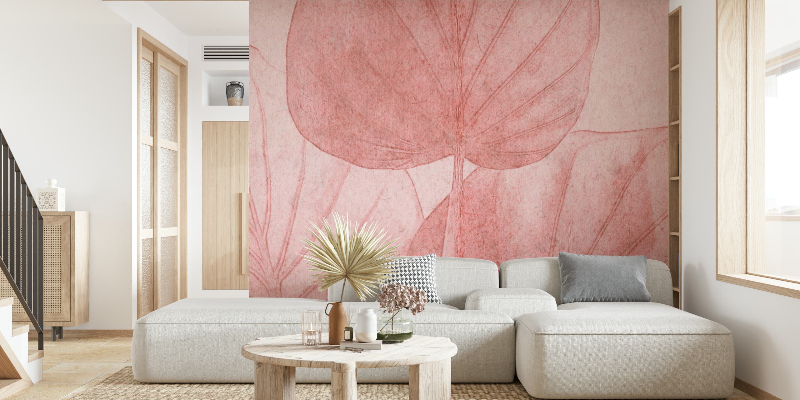 Soft Japandi Leaf Terracotta Pink wallpaper with botanical motif