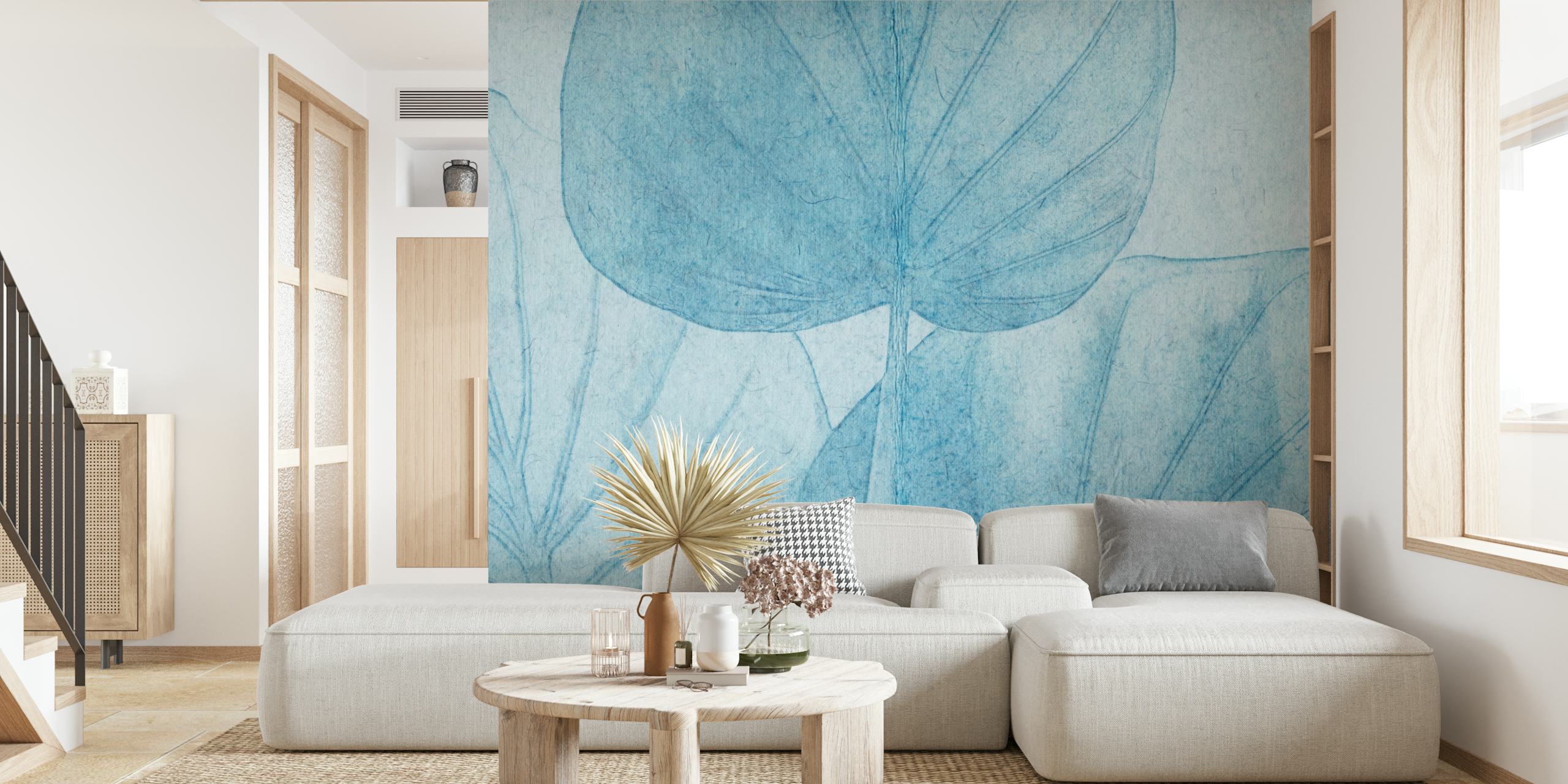 Large blue leaves with soft textures wallpaper