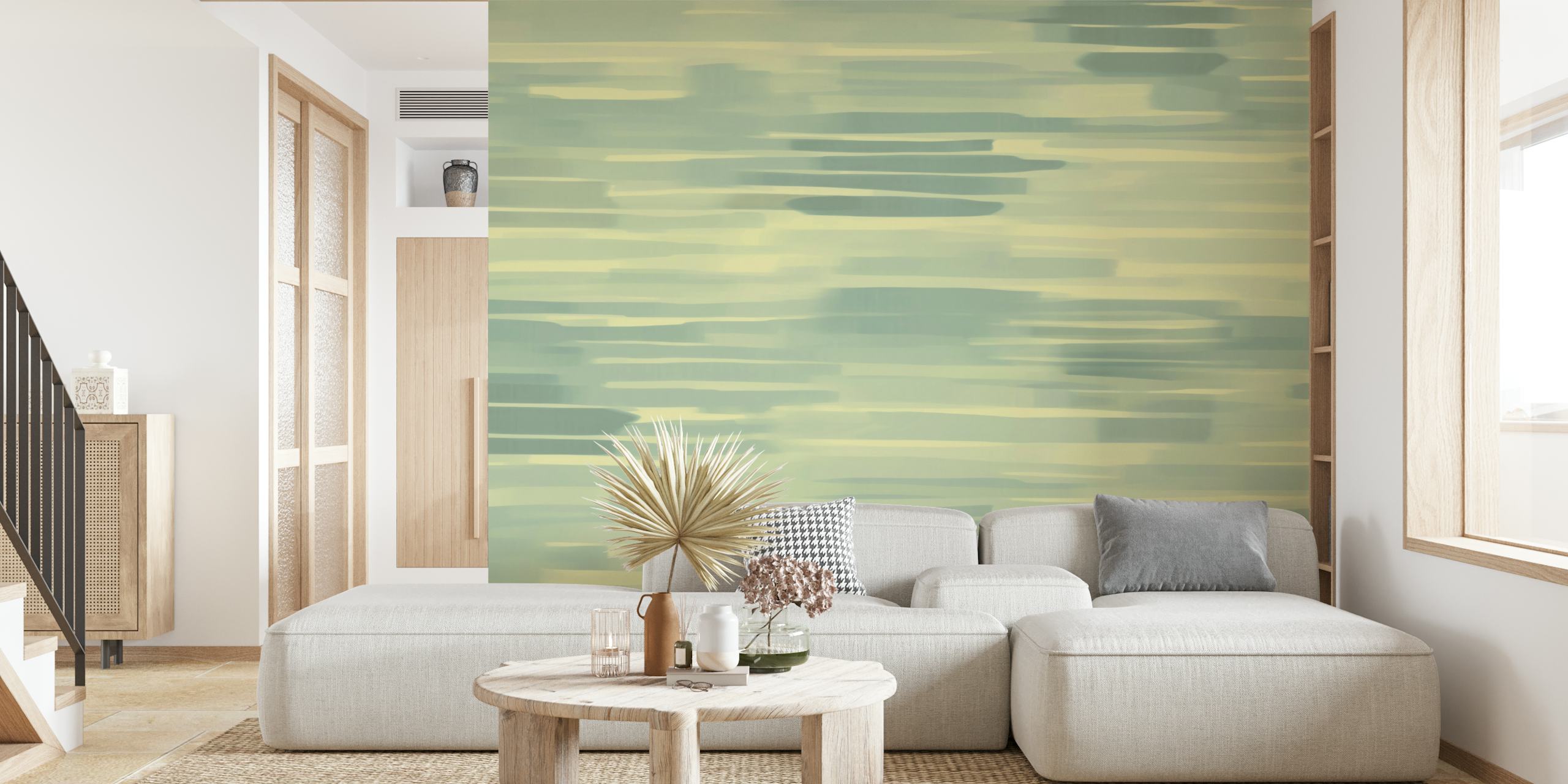 Pastel brush stroke wallpaper in green and yellow hues, abstract design