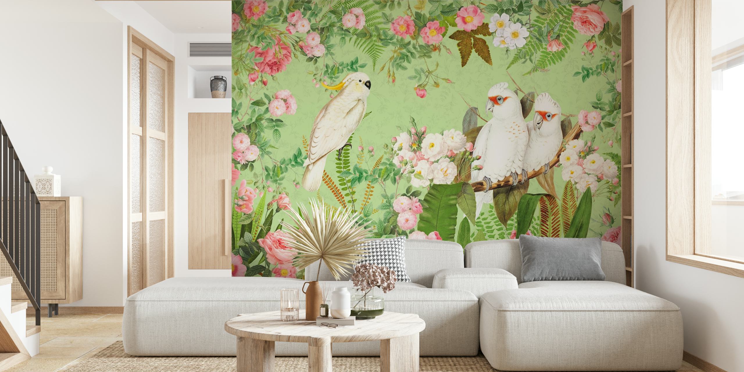 Tropical botanical wallpaper featuring cockatoos and pink roses on green background