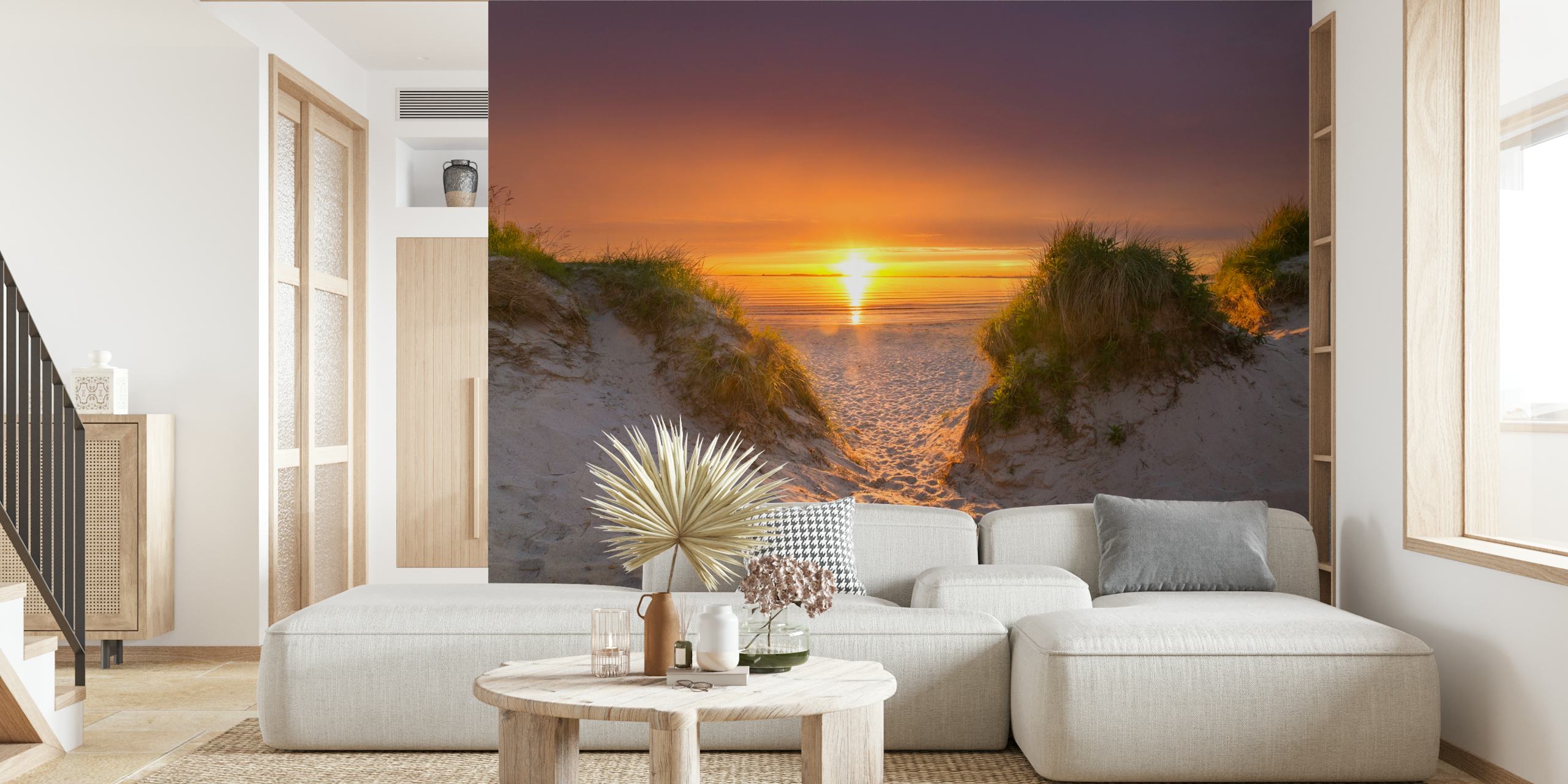 Sunset beach wall mural with sandy pathway leading through dunes to the sea