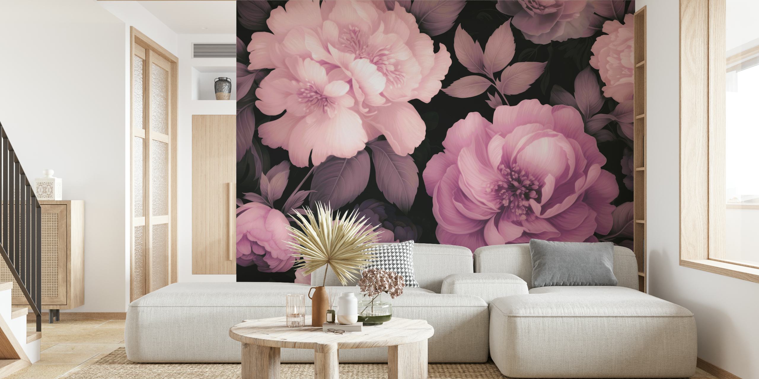 Pink floral pattern with dark leaves on a black background wallpaper