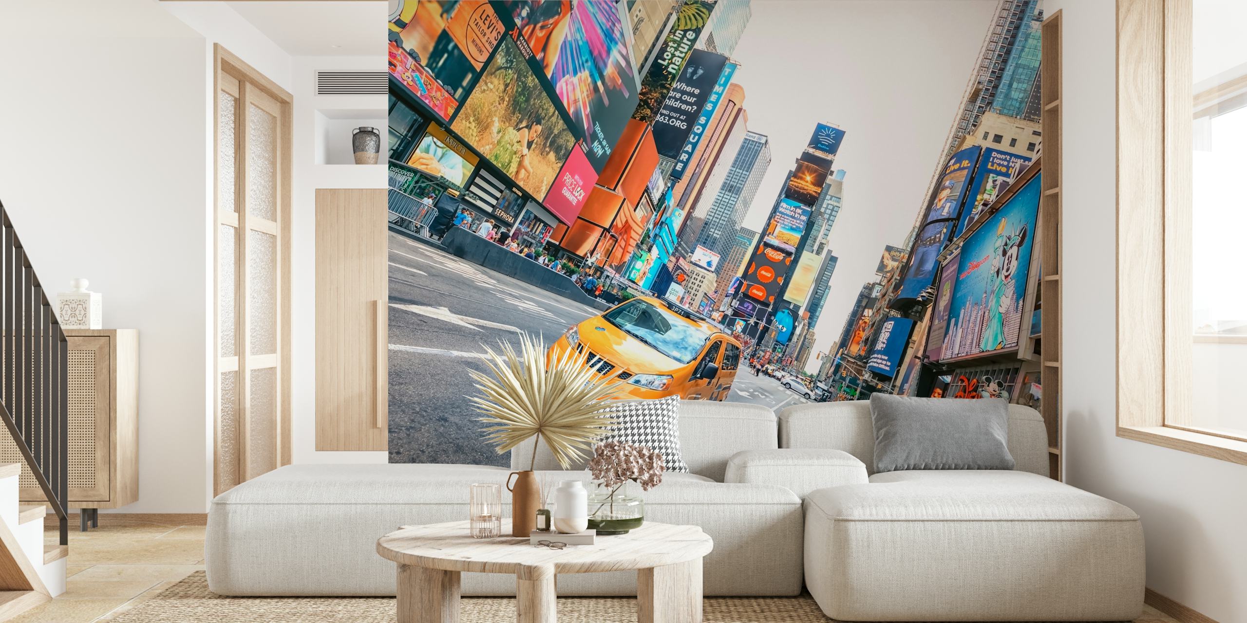 Vibrant urban scene of Times Square with colorful billboards and a yellow taxi wall mural