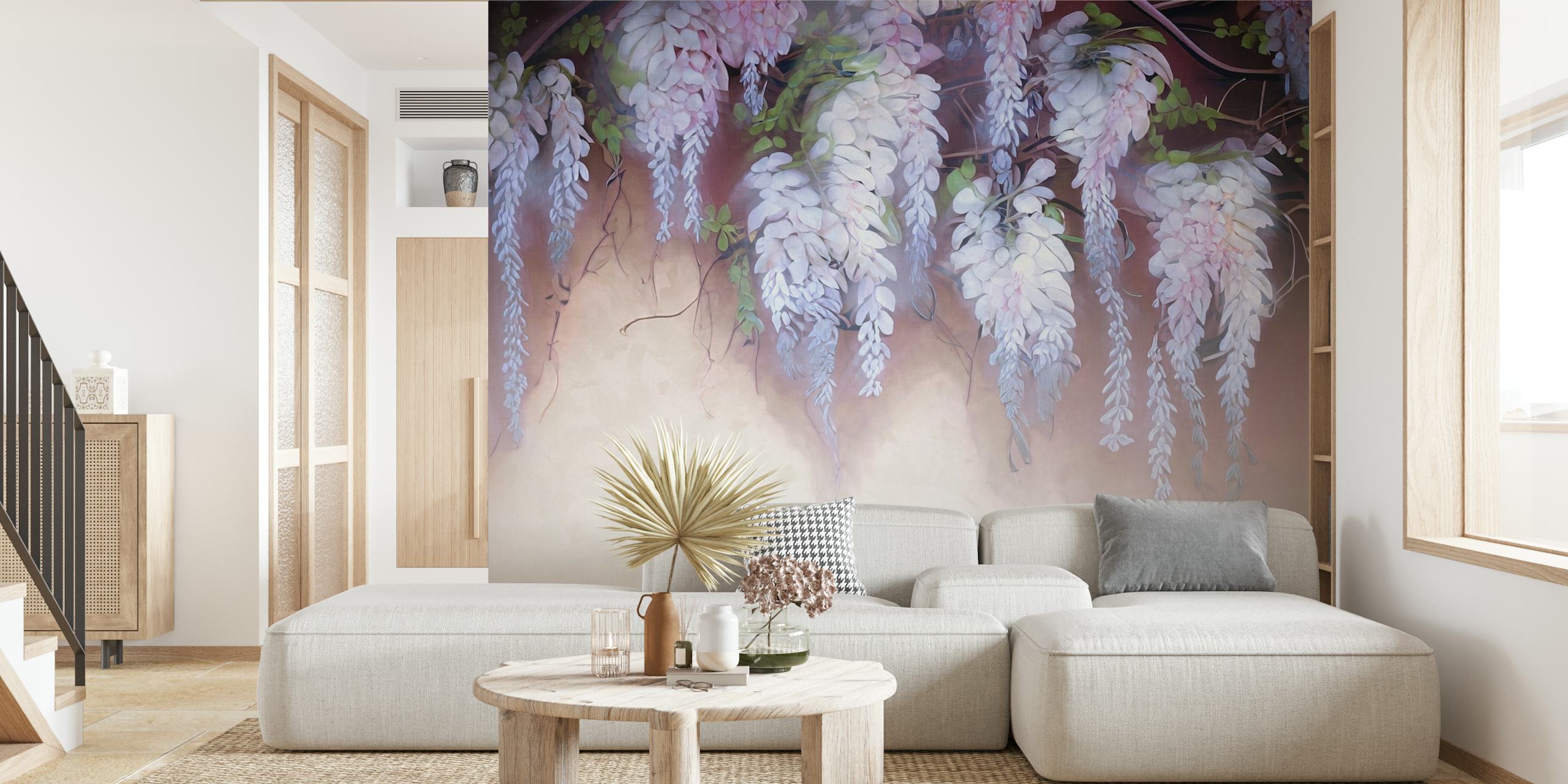 Wisteria flowers in lilac and white on a soft background wallpaper