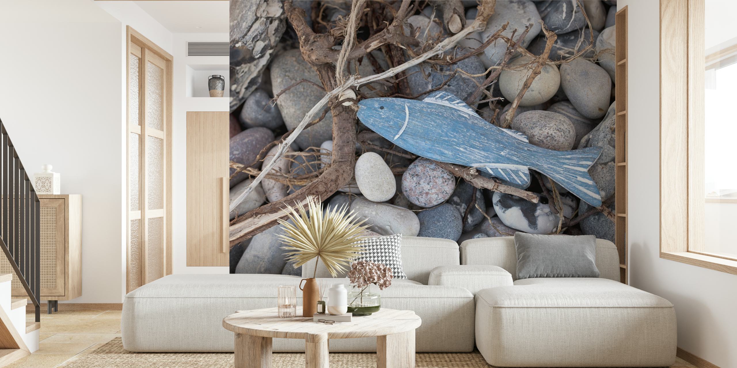 Blue fish and gray pebble pattern wallpaper