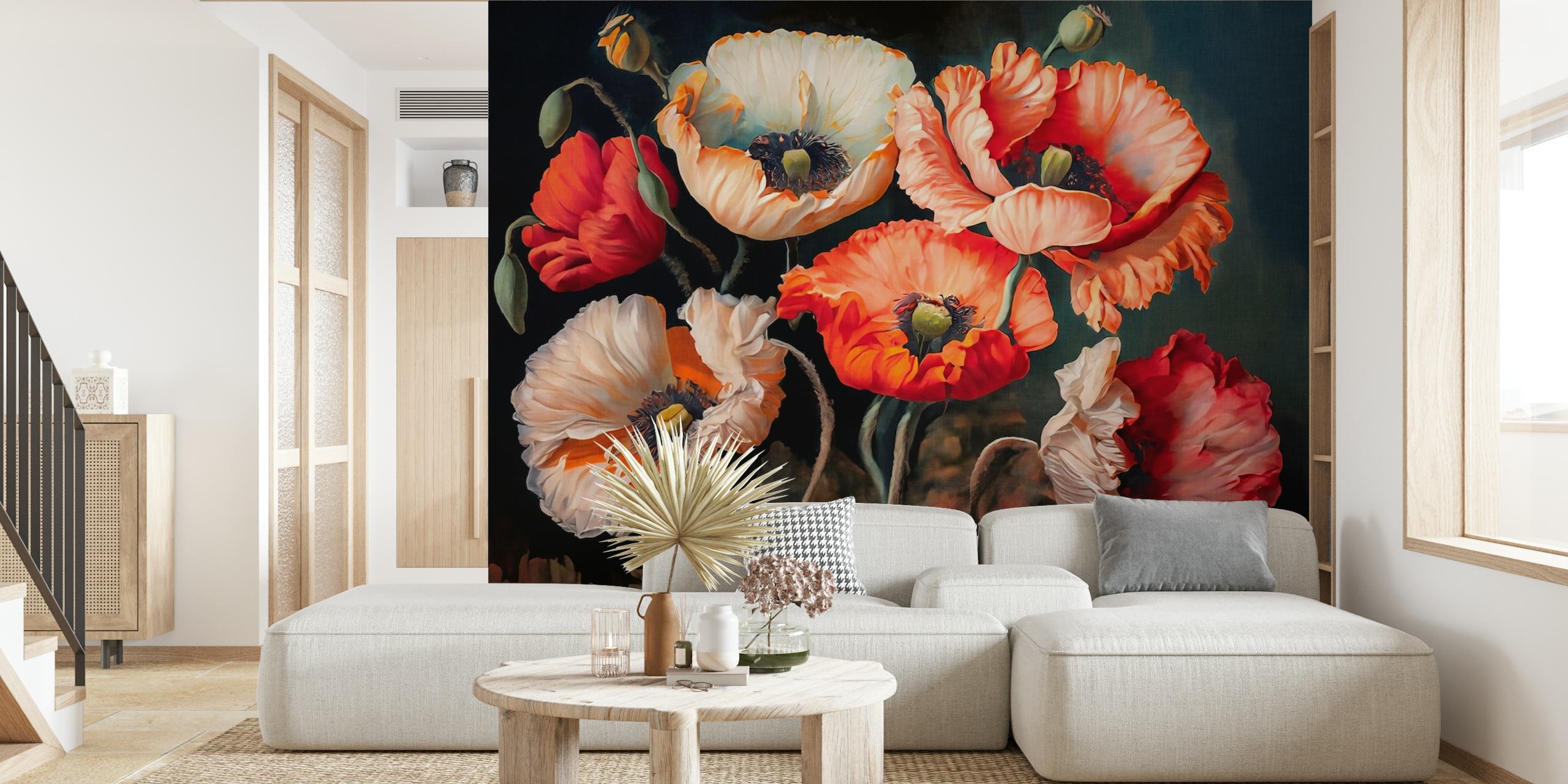 Vintage poppies in shades of red and white with green stems wallpaper