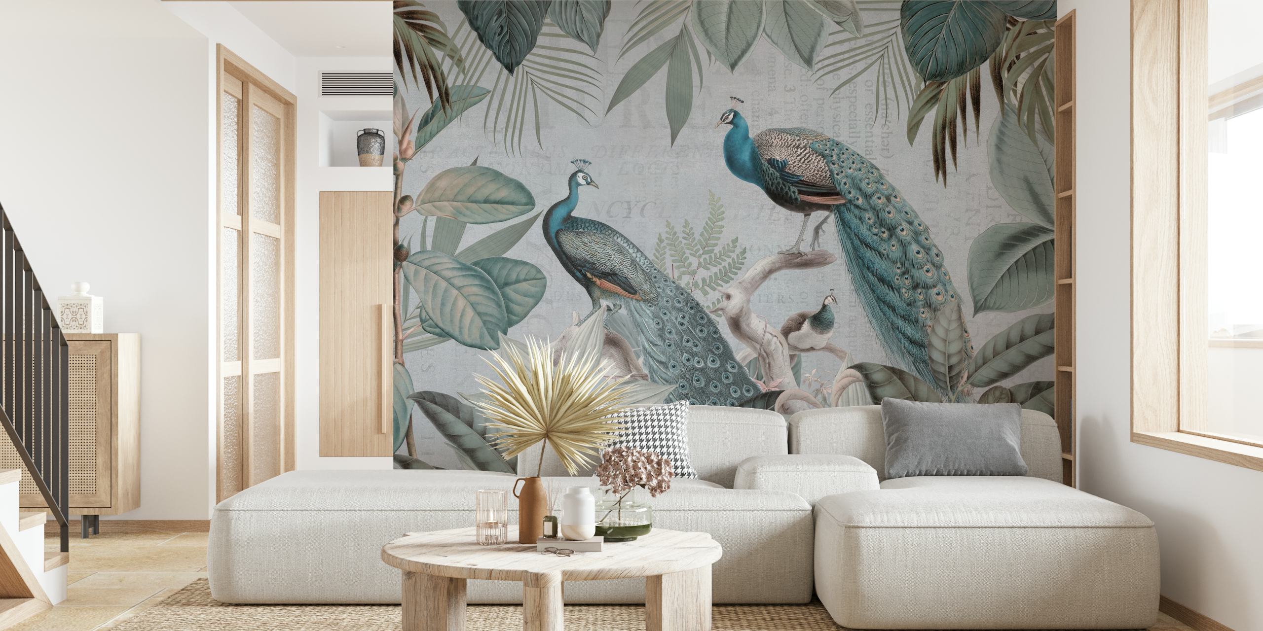 Majestic peafowls wallpaper in a room