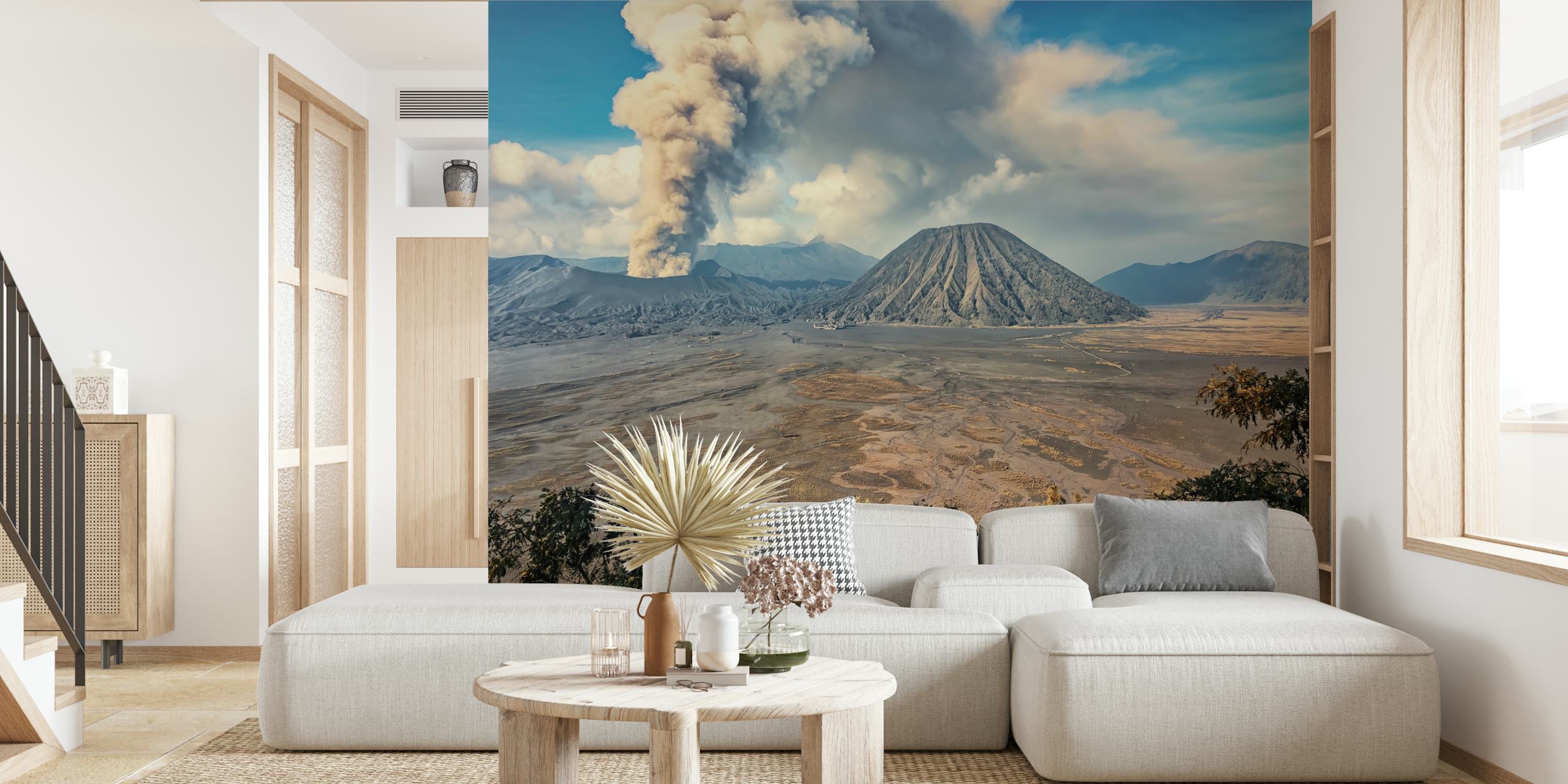 Volcanic landscape with Bromo Caldera in gray tones wallpaper