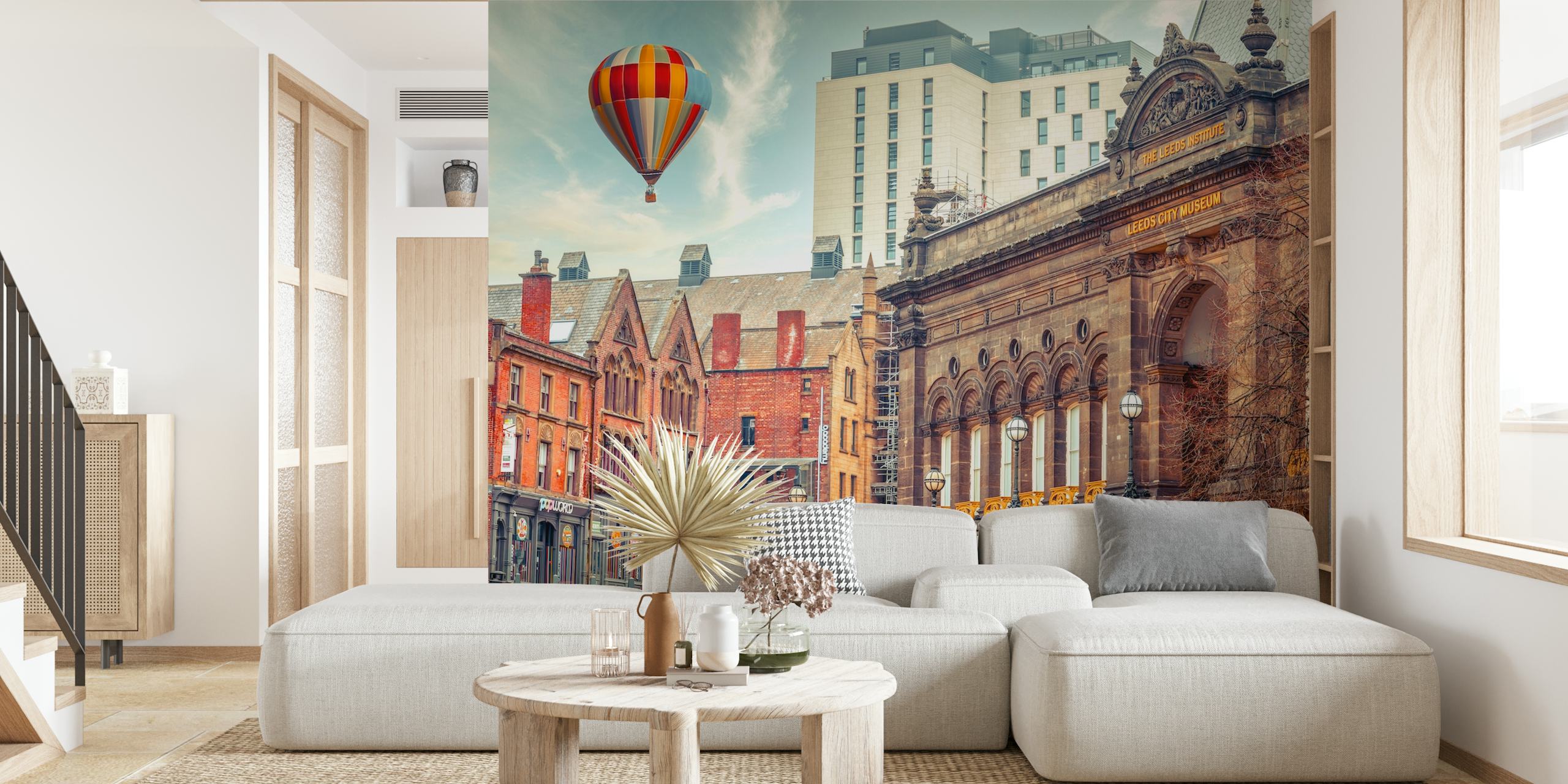 Hot air balloon over urban Leeds wallpaper
