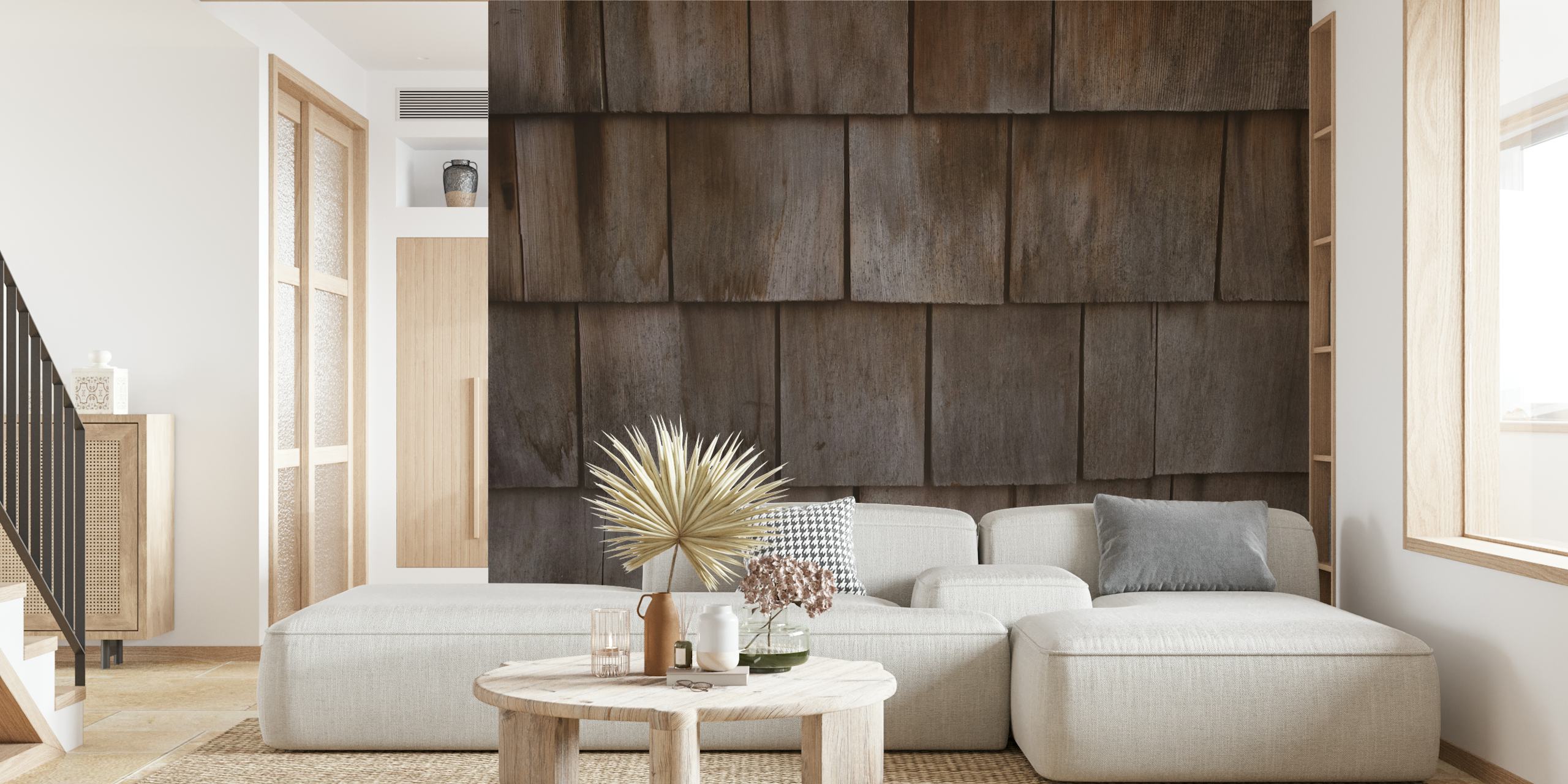 Rustic wood panel wallpaper in room setting