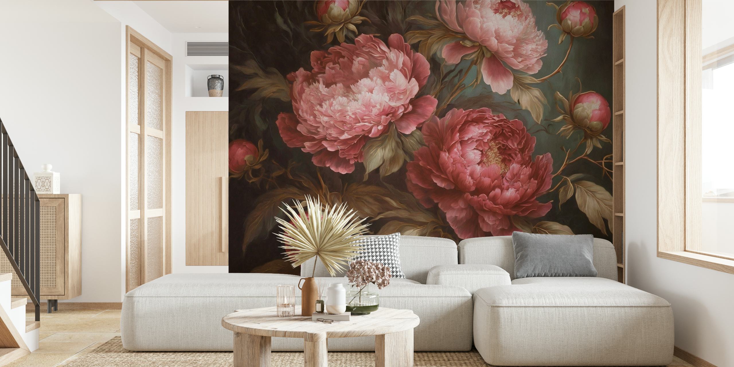 Wall mural featuring vintage-style red peonies with lush foliage on a dark background