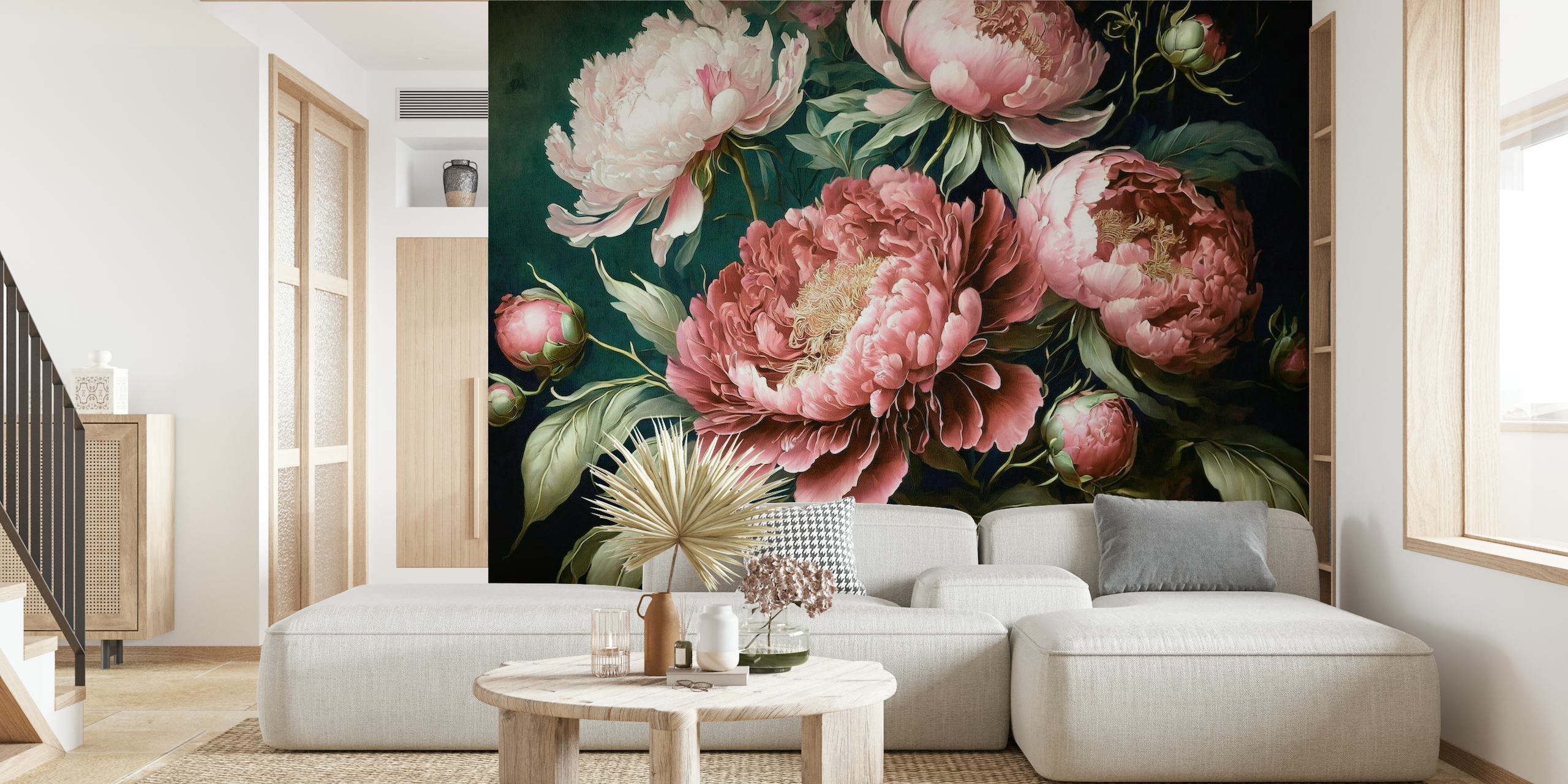 Baroque-style peonies wall mural with pink flowers on a dark background