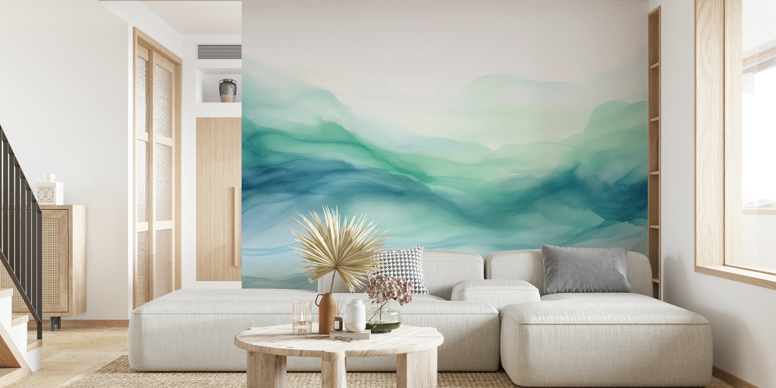 Soft blue and green layered watercolor hills wallpaper