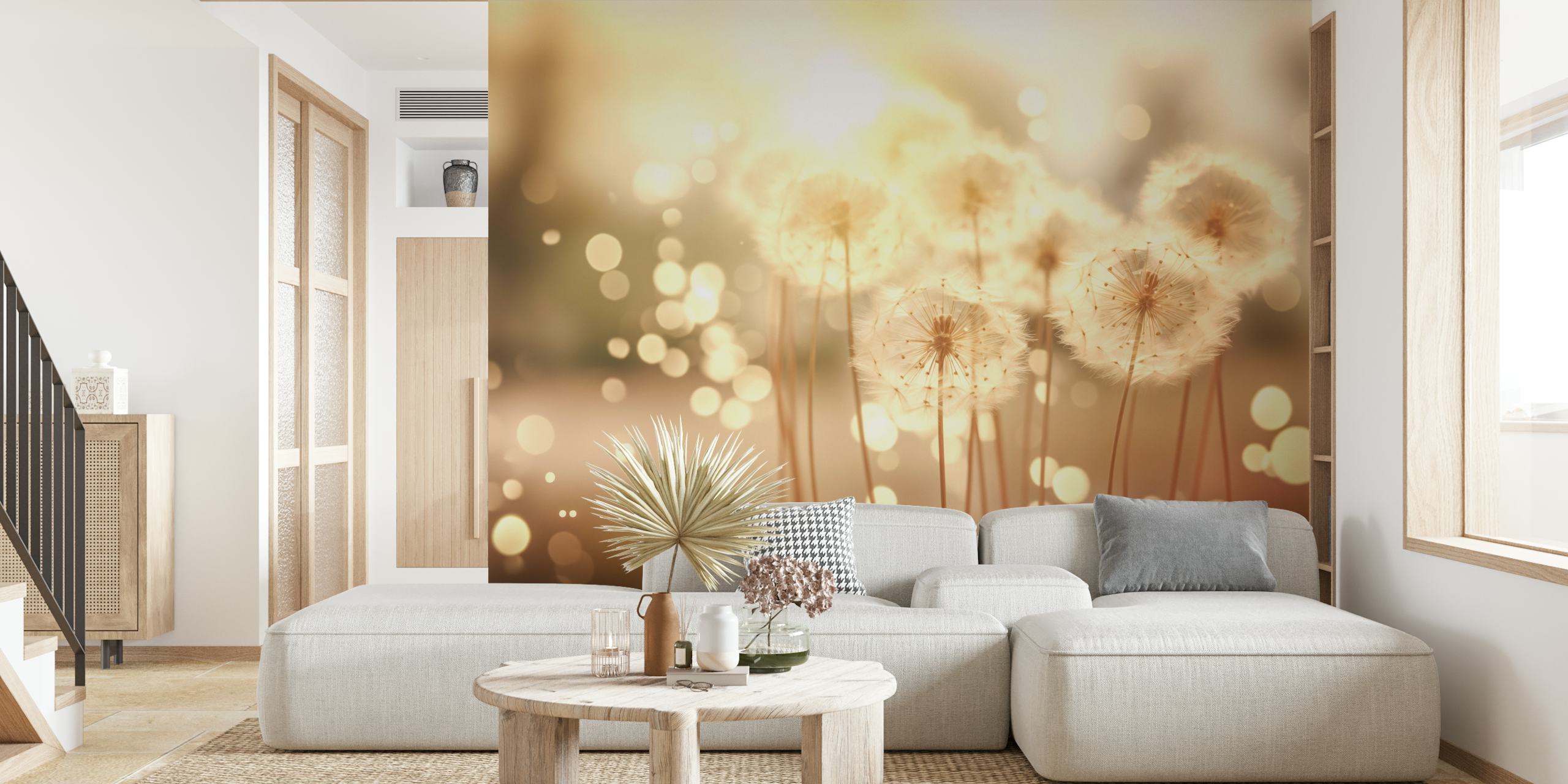 Dandelion floral wallpaper in soft neutral colors