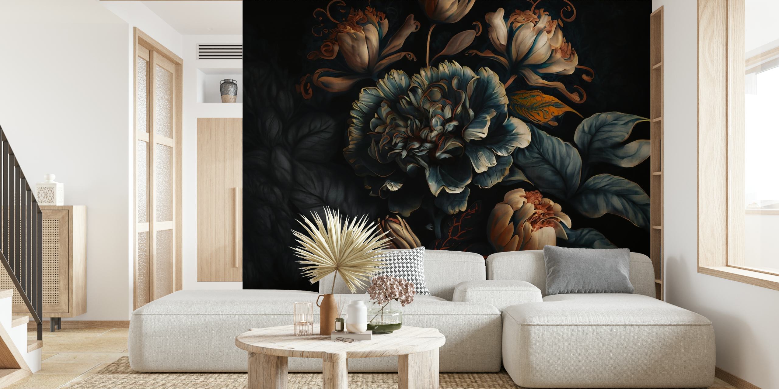 Large baroque style night flowers in dark hues wallpaper