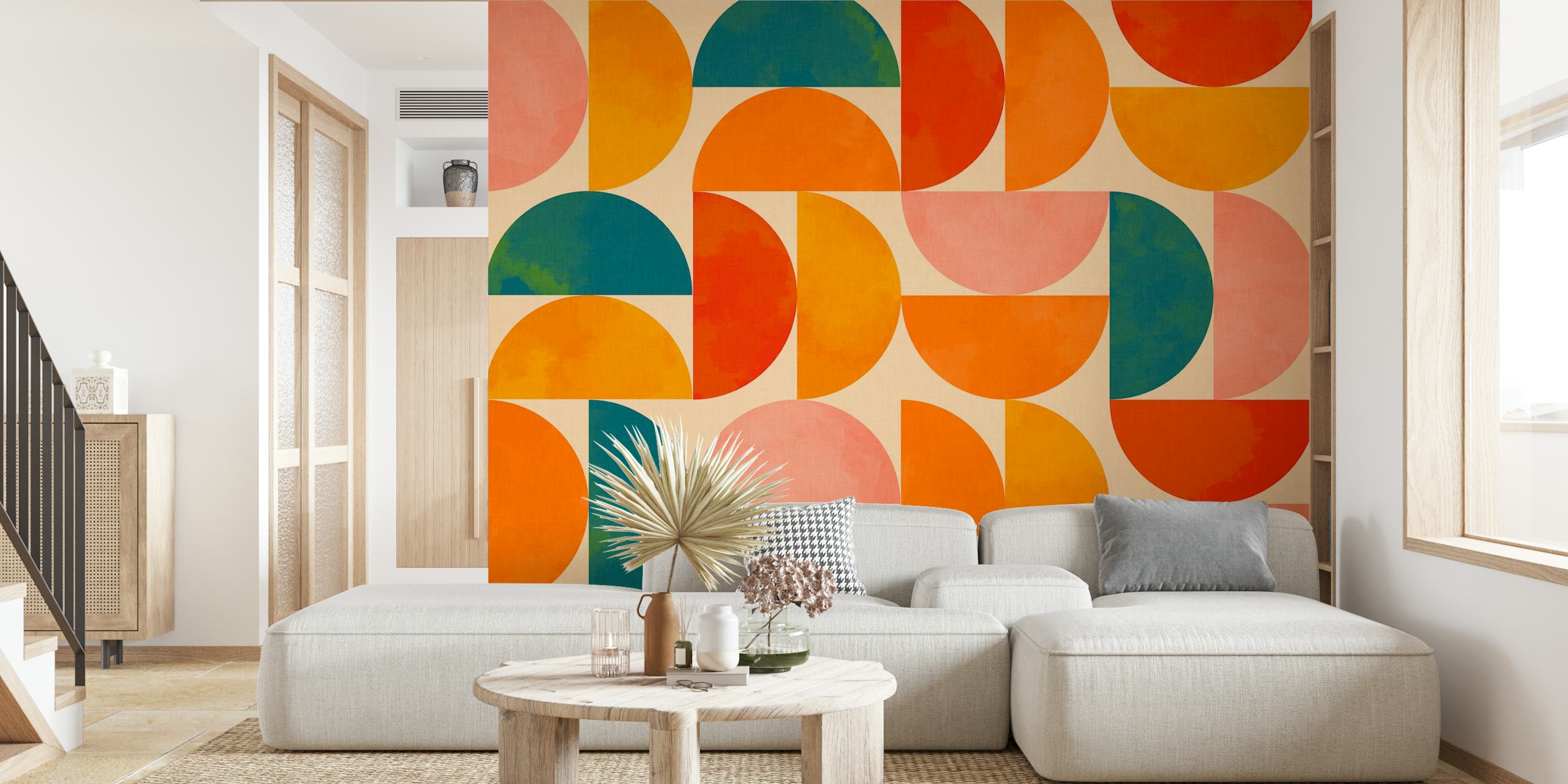 Bunte geometrische Formen in Orange, Blau, Rosa und Gelb auf weißem Hintergrund - Tapete.