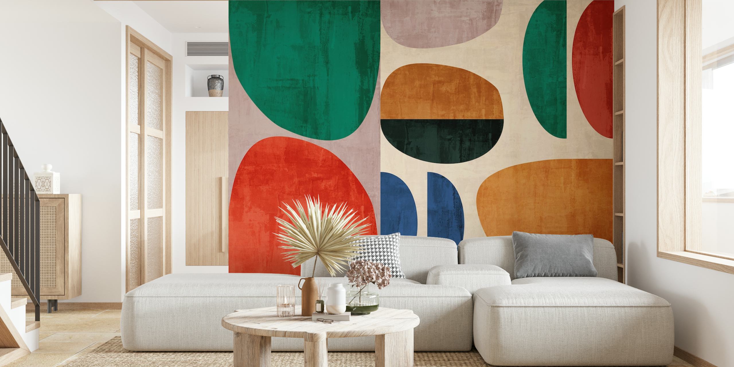 Bunte geometrische Formen in Grün, Rot, Blau und Beige Wallpaper