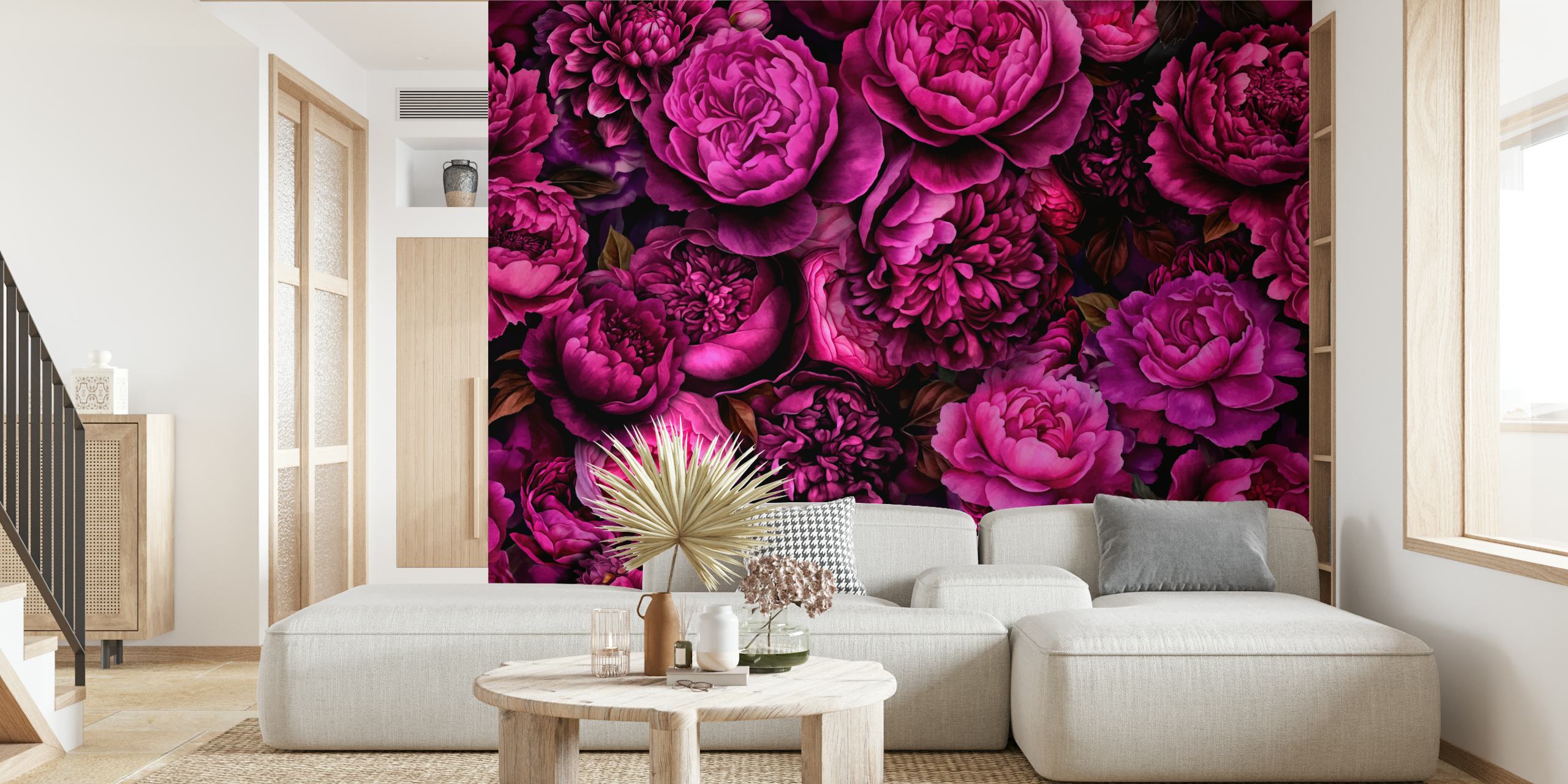Peony flowers in varying shades of pink on a dark background wallpaper