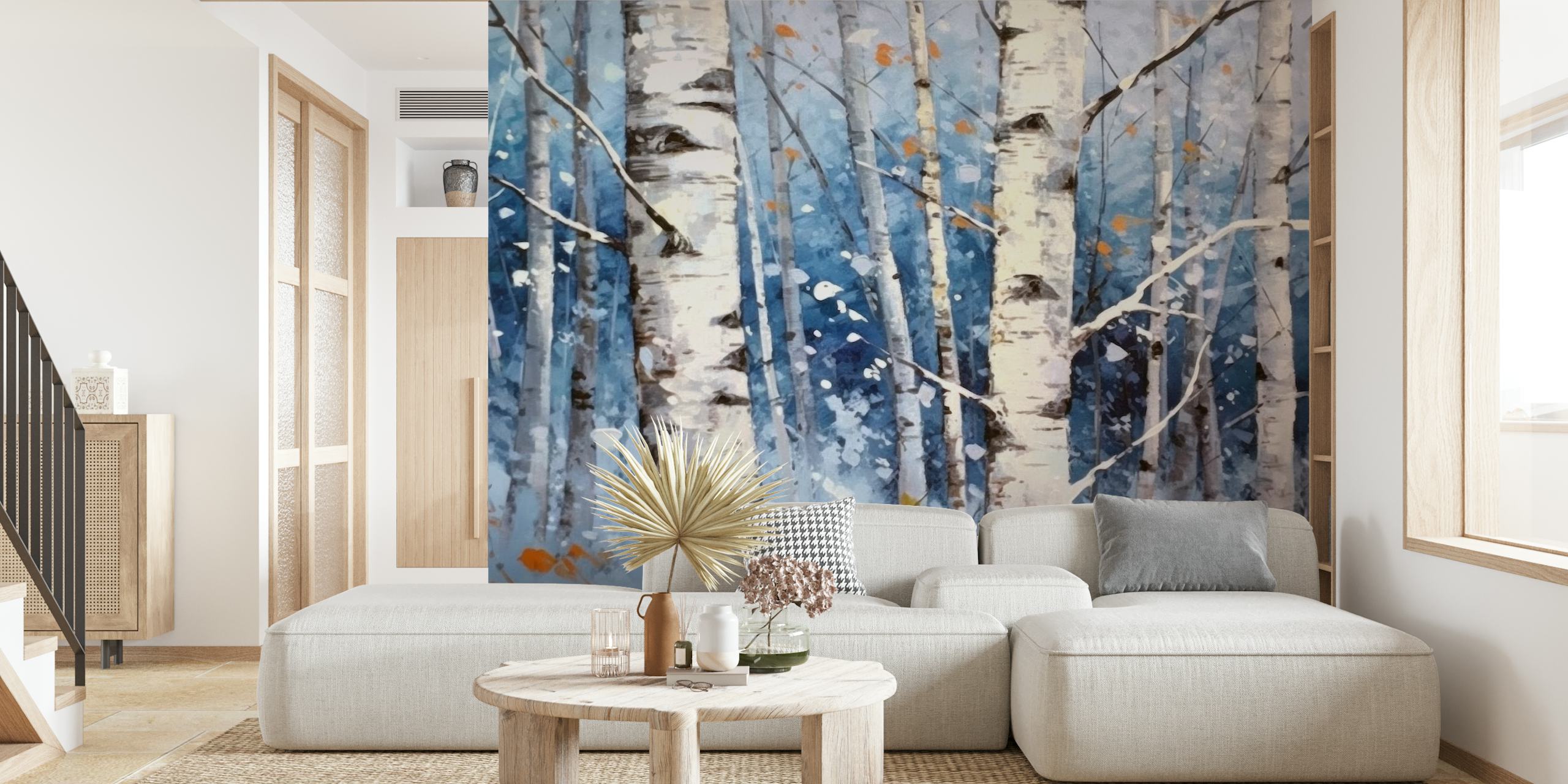Snowy birch forest wallpaper displayed in a room