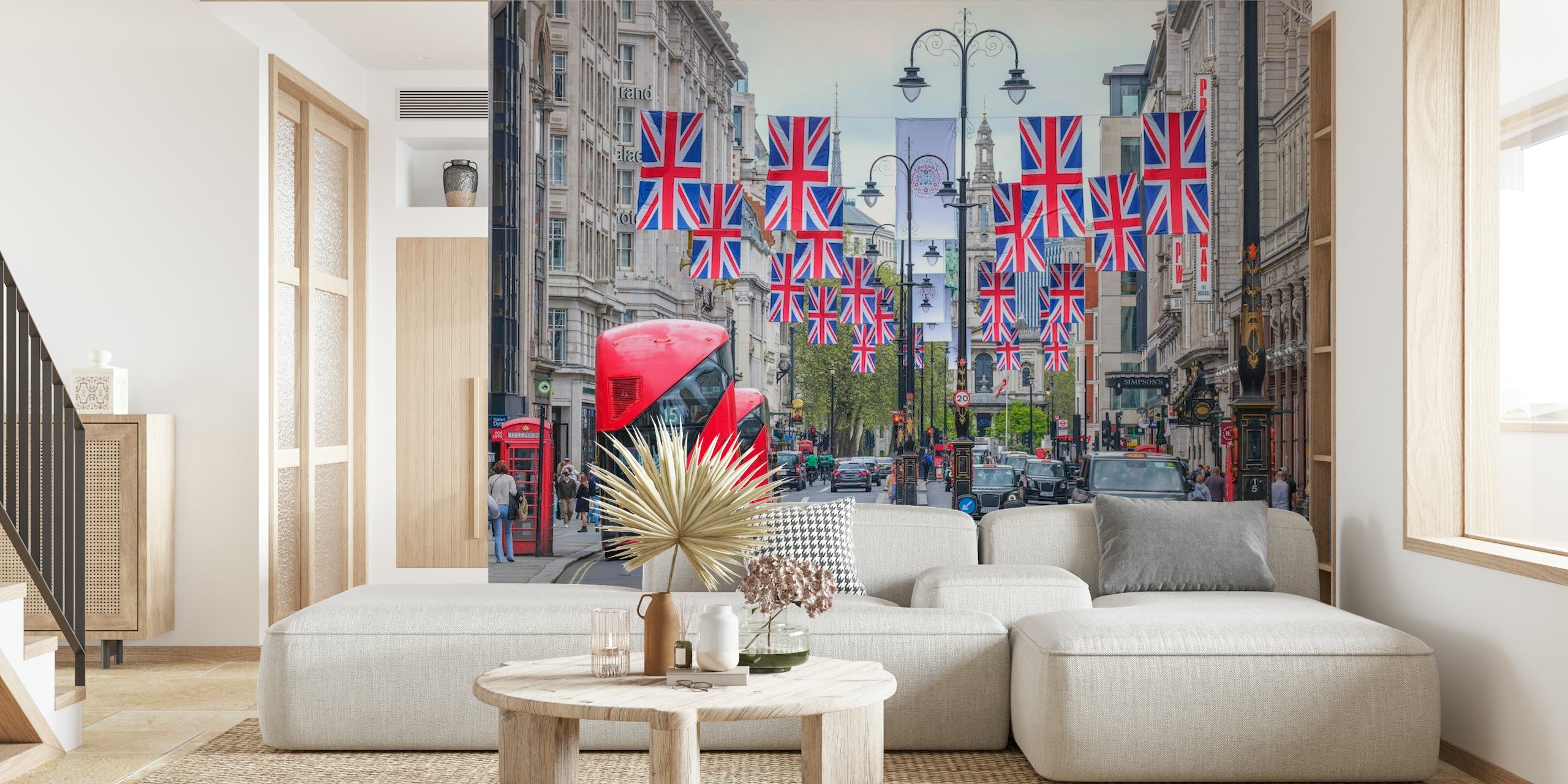 Escena callejera de Londres con banderas Union Jack y mural de pared de autobús rojo de dos pisos