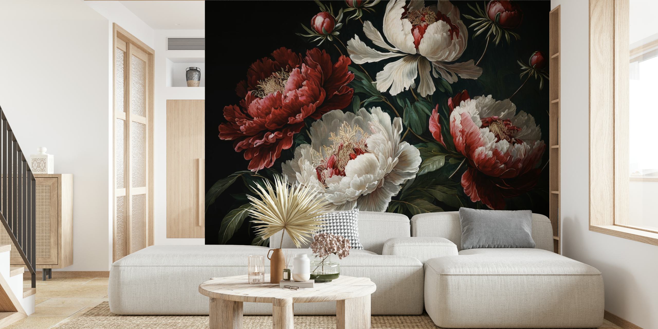 Red and white baroque peonies wallpaper design