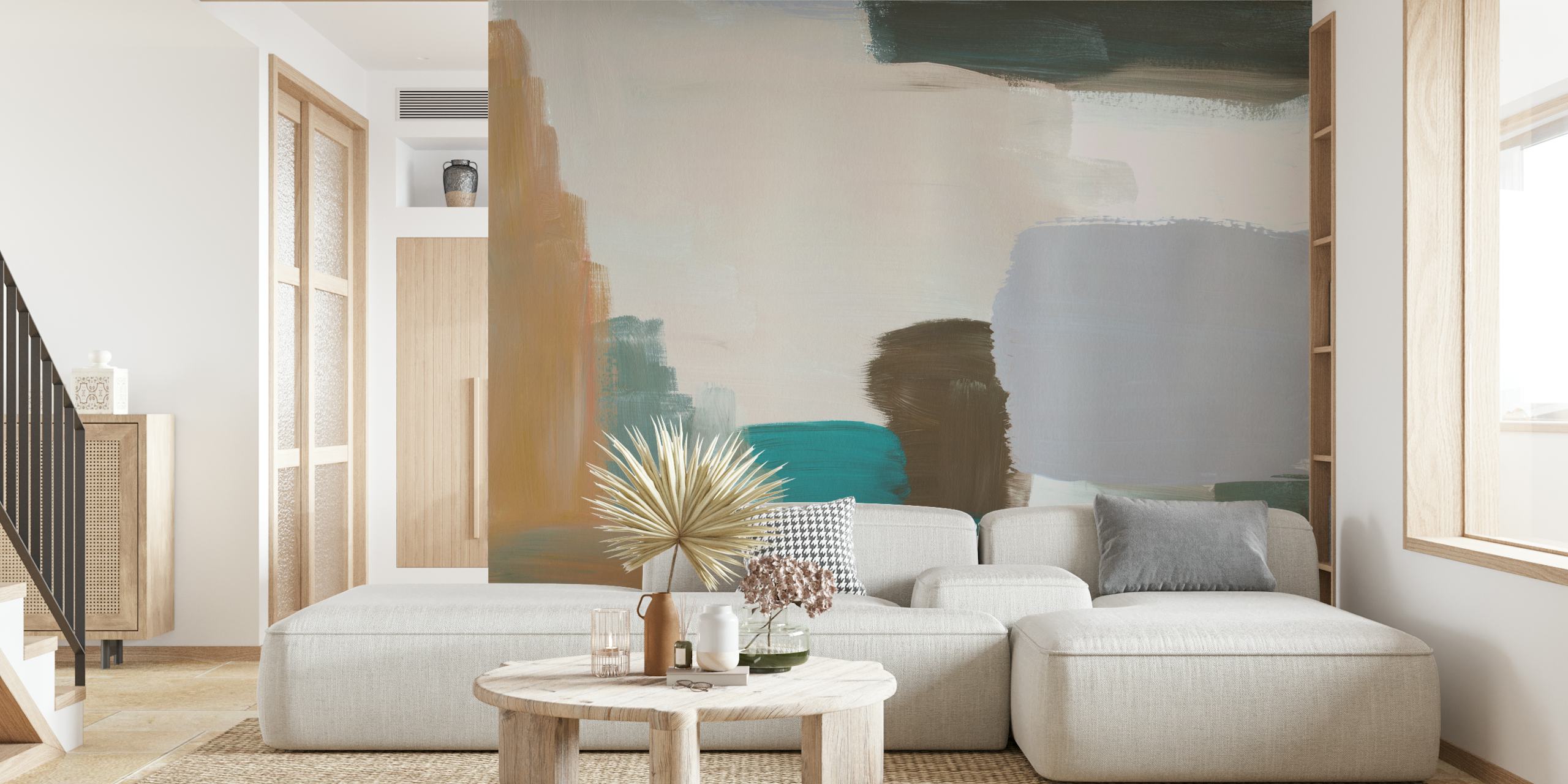Colorful abstract brush strokes in beige, teal, gray wallpaper