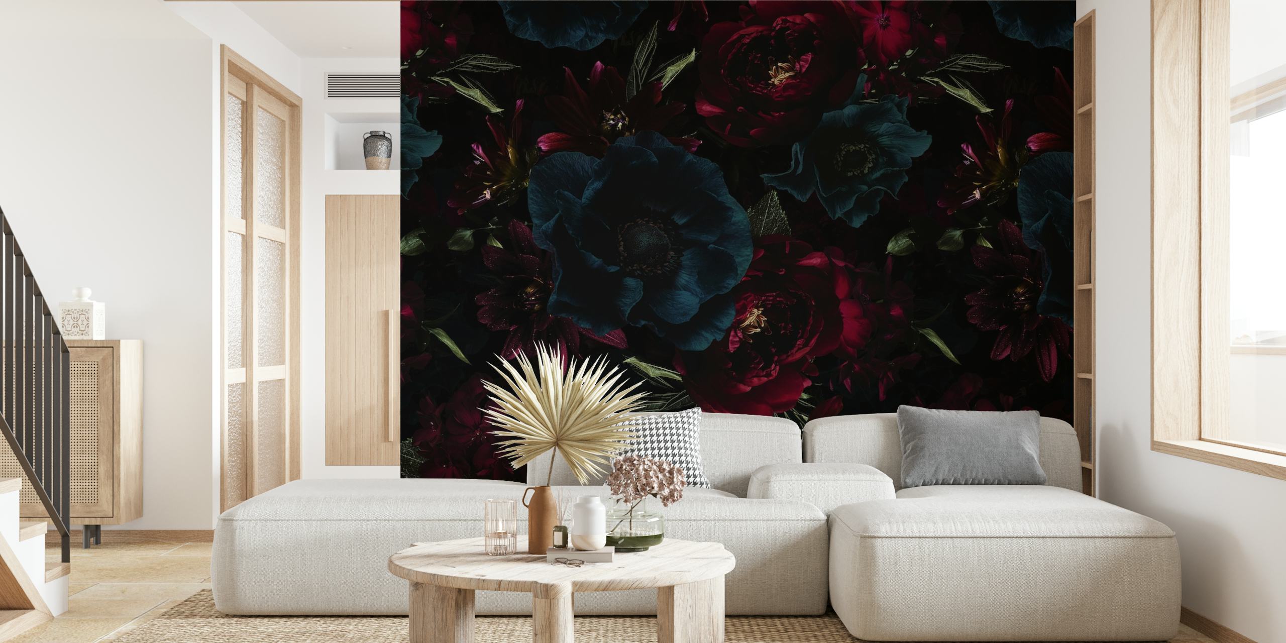 Baroque-style peonies wall mural in dark, moody tones