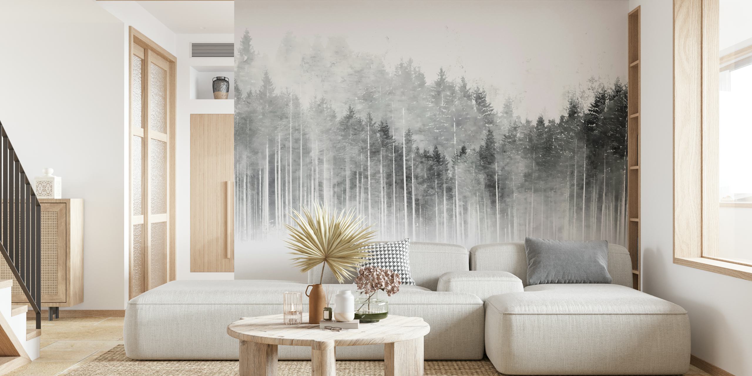 Misty forest black and white wallpaper in a room