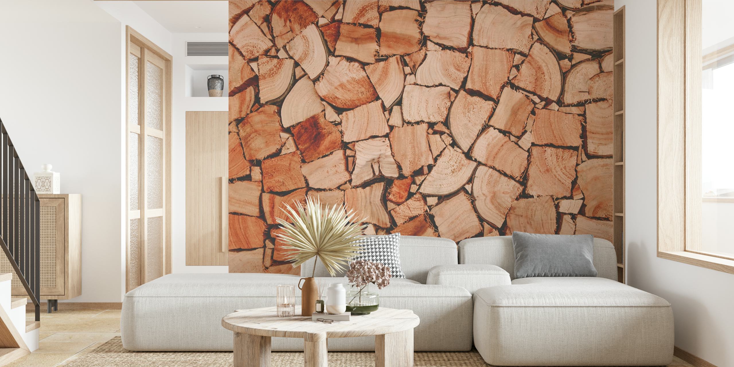 Stacked wood logs in natural colors wallpaper