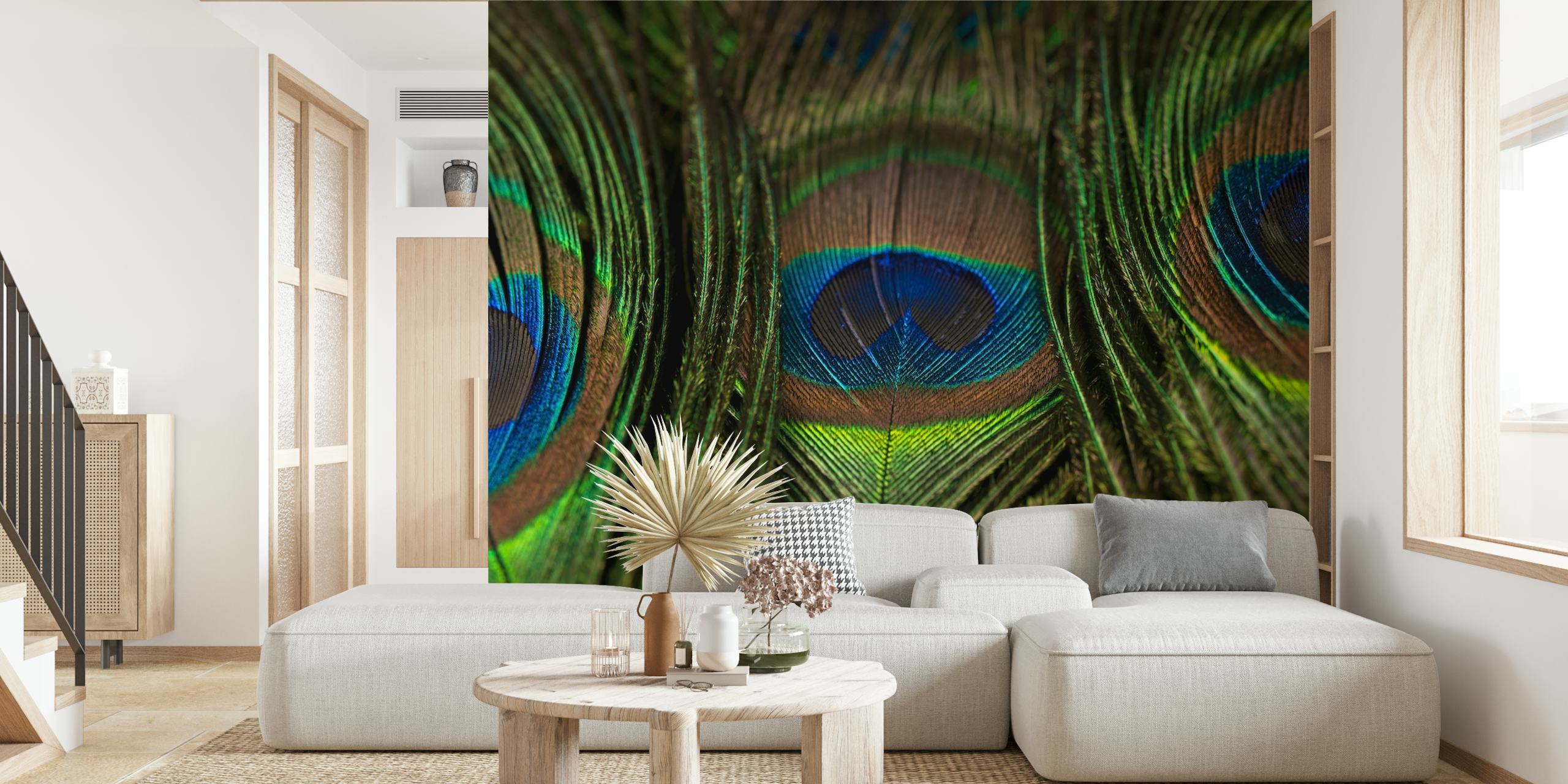 Peacock feather pattern wallpaper in vibrant greens and blues