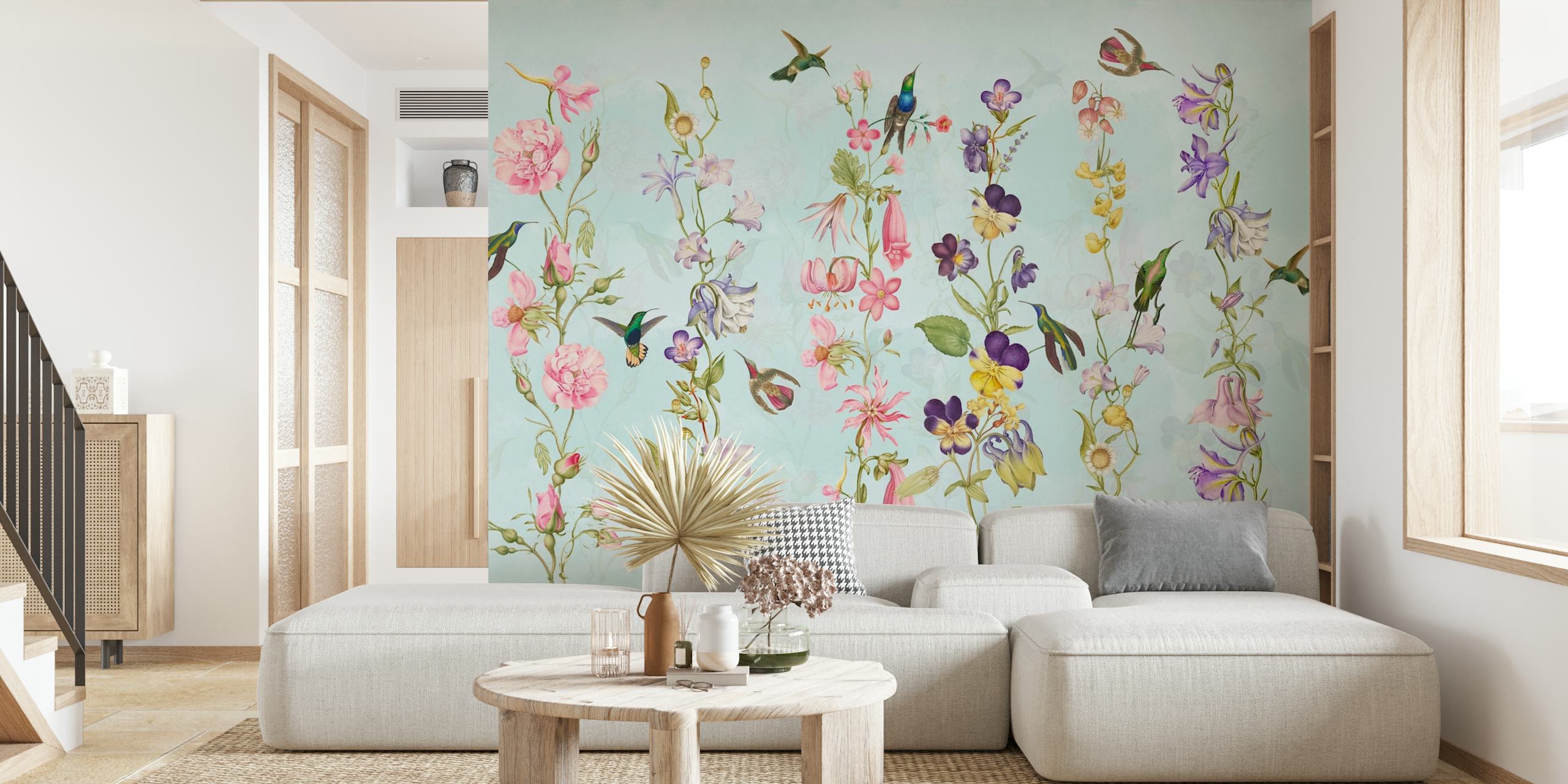 Floral wallpaper featuring pink, purple, and blue flowers with hummingbirds on a soft blue background