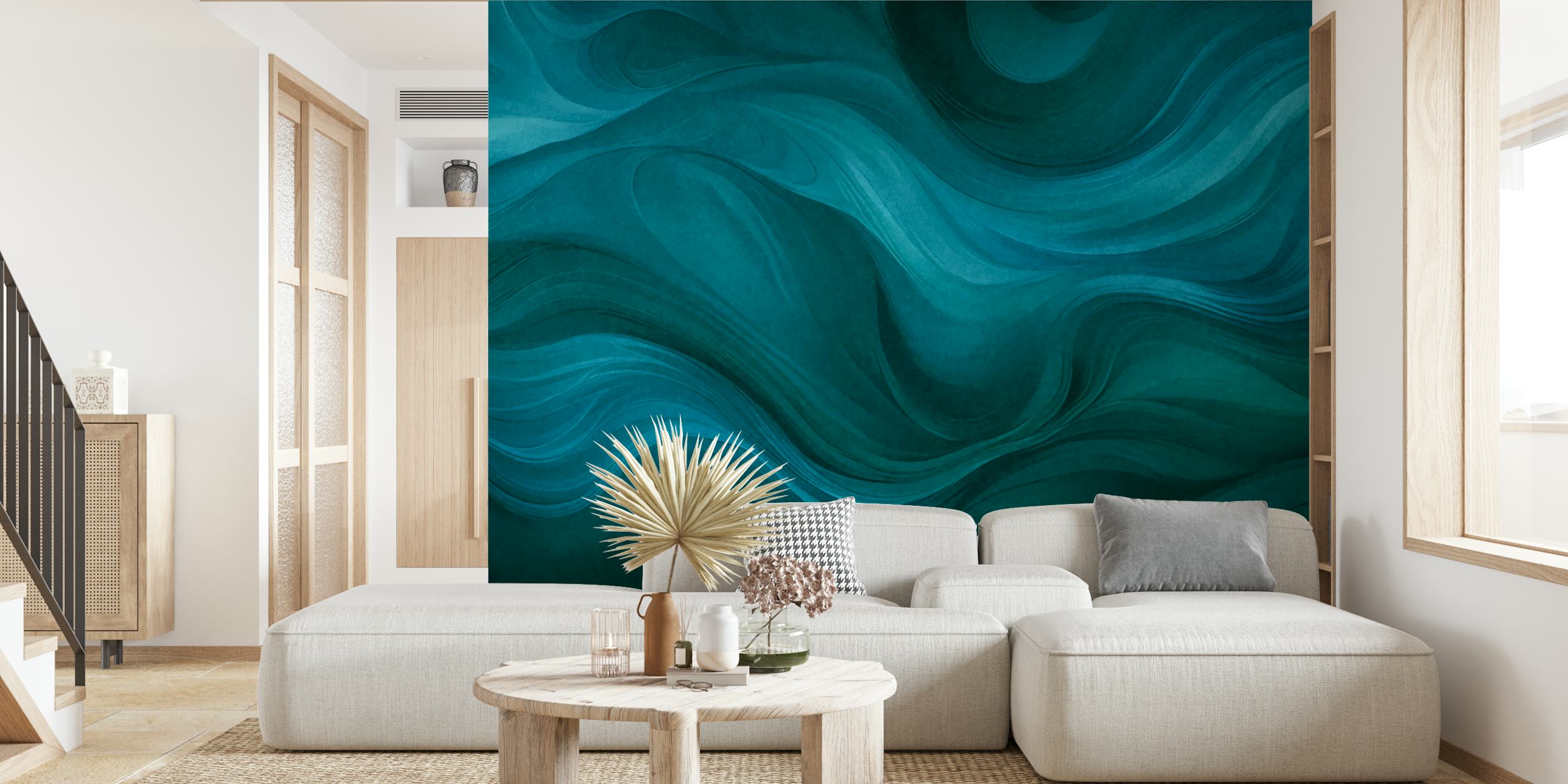 Teal abstract watercolor wallpaper with flowing waves