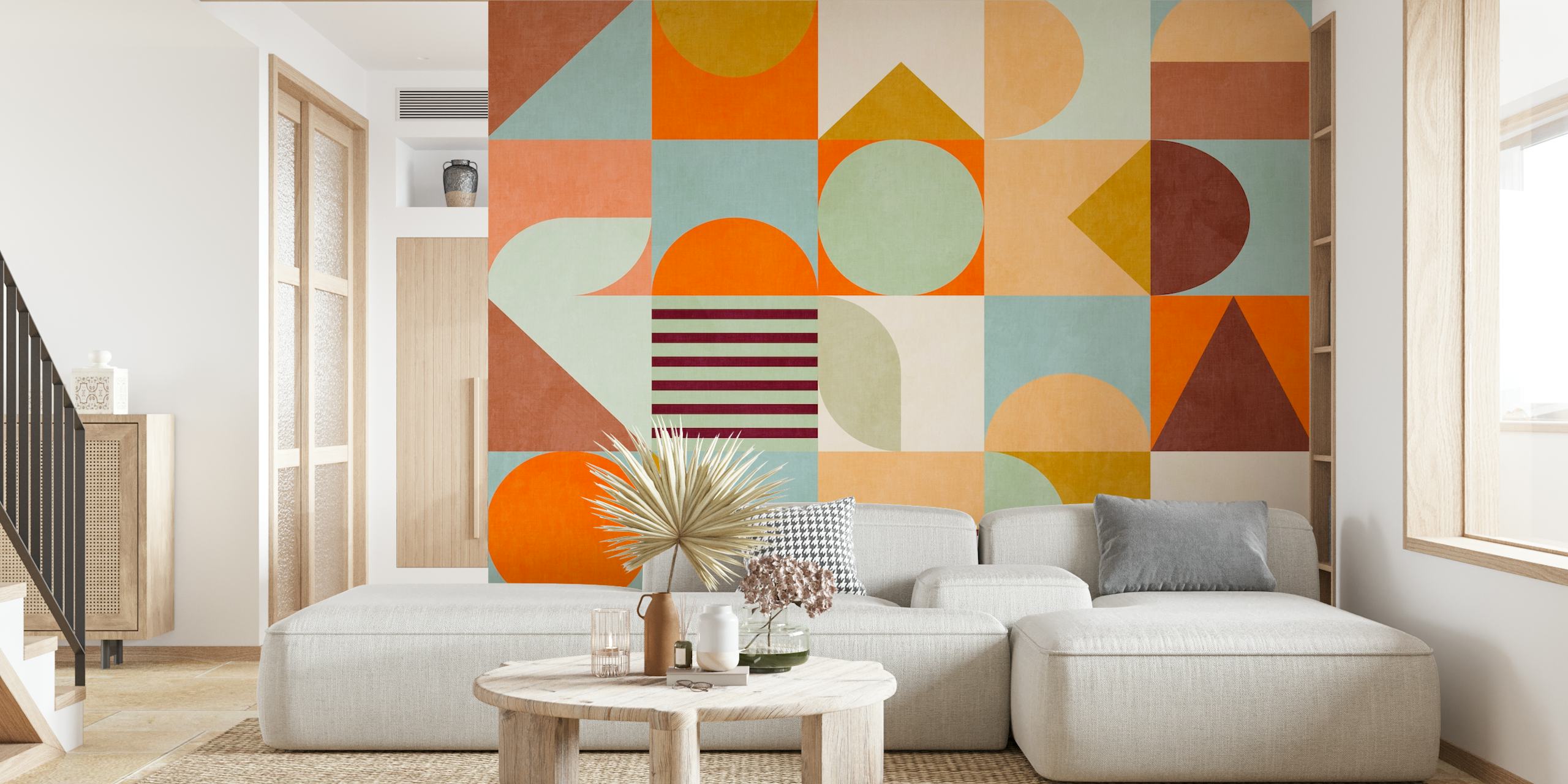 Mid-Century Modern Pastel Checkered Wall Mural with Geometric Shapes