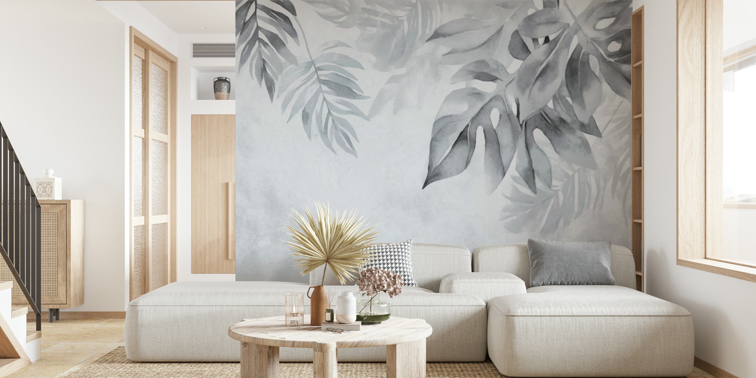 Grijze aquarel tropische bladeren muurschildering voor een vredig interieur