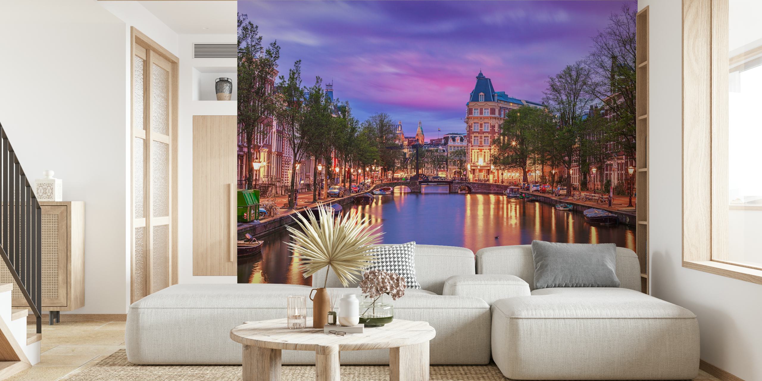 Amsterdam evening river canal with reflections and buildings wallpaper