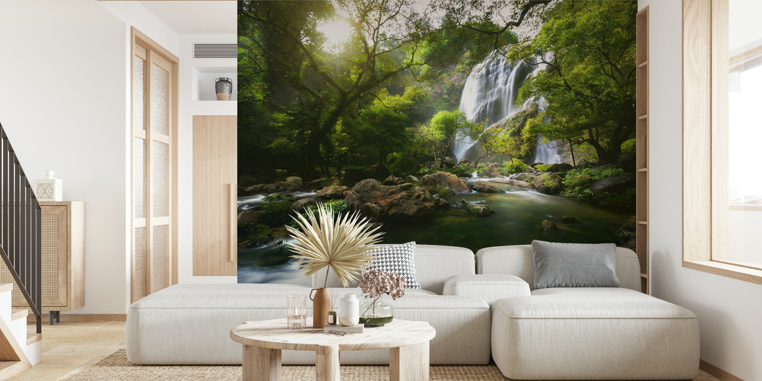 Lush green forest and flowing mountain stream wallpaper