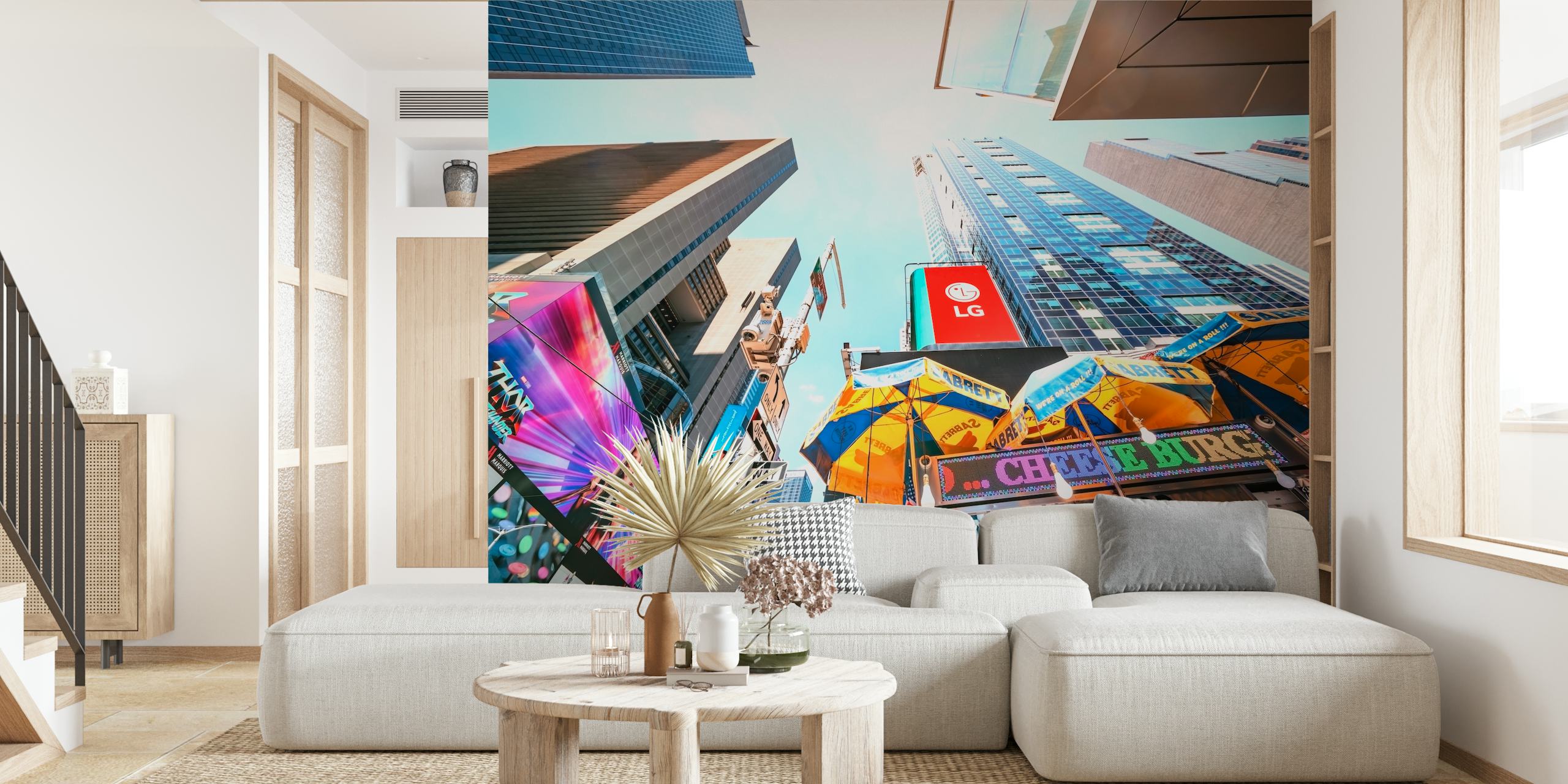 Colorful Times Square billboards and street umbrellas wallpaper