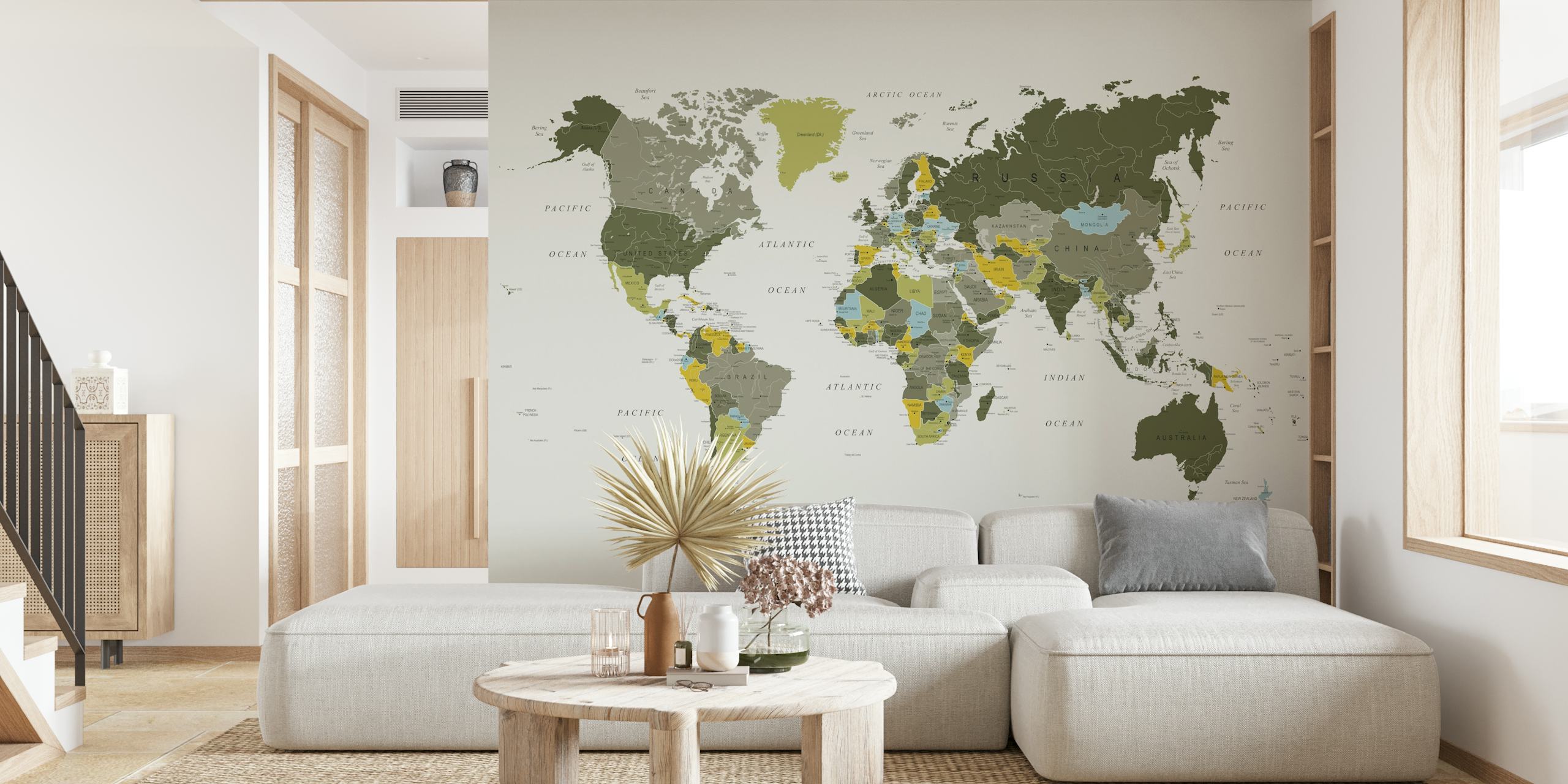 World map illustration in khaki green tones wallpaper