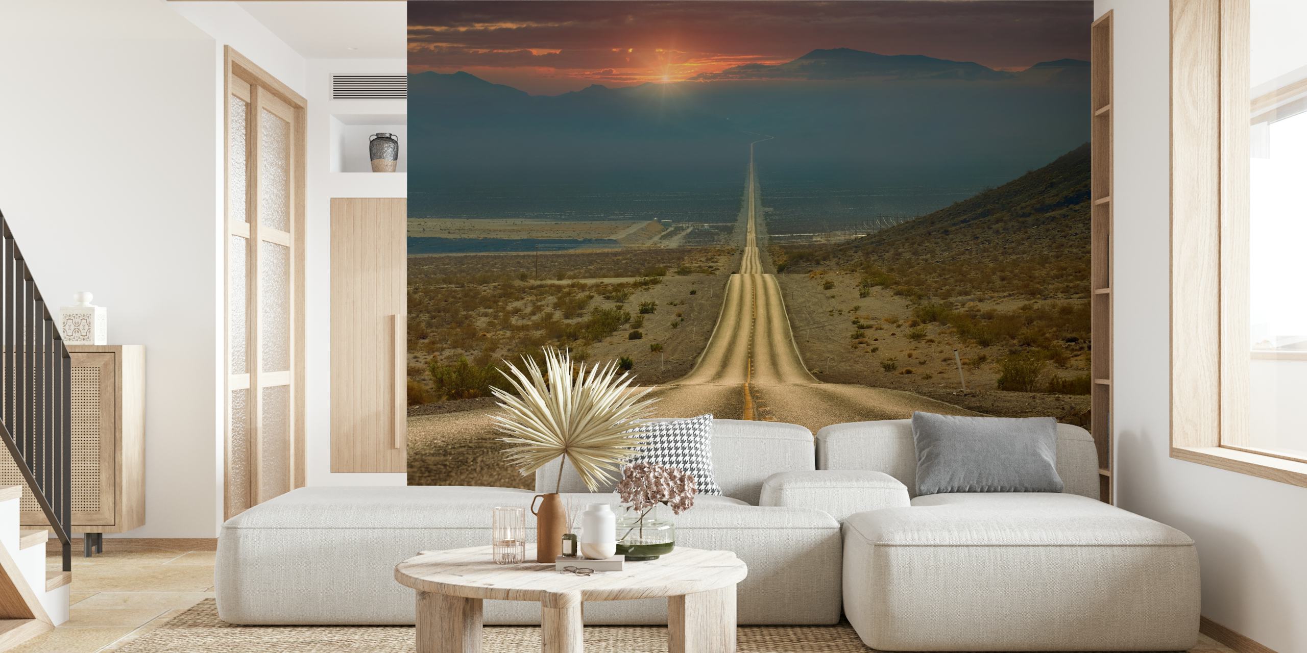 Desert road leading to mountains at sunset wallpaper