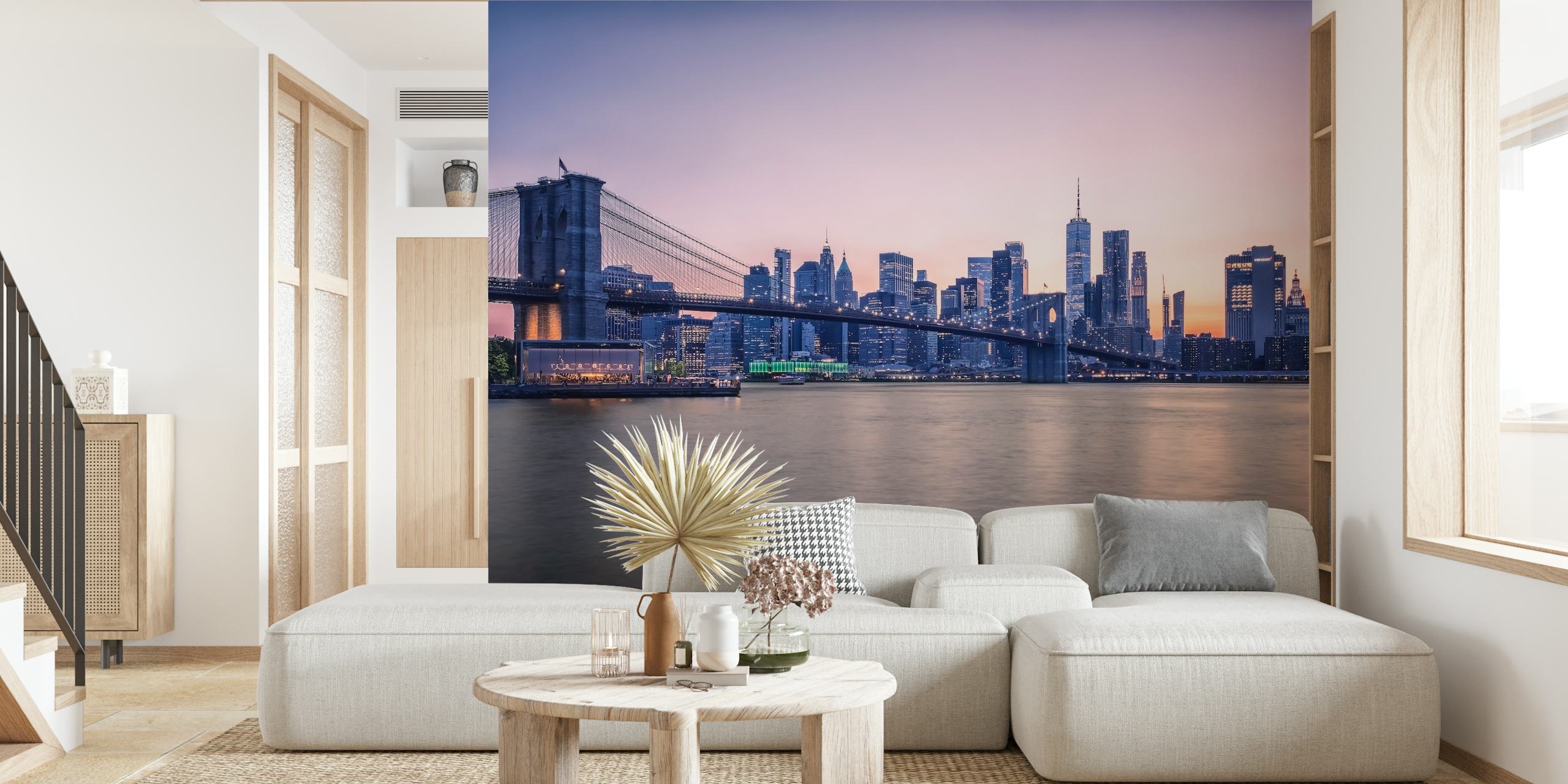 Pink New York skyline wallpaper in a room
