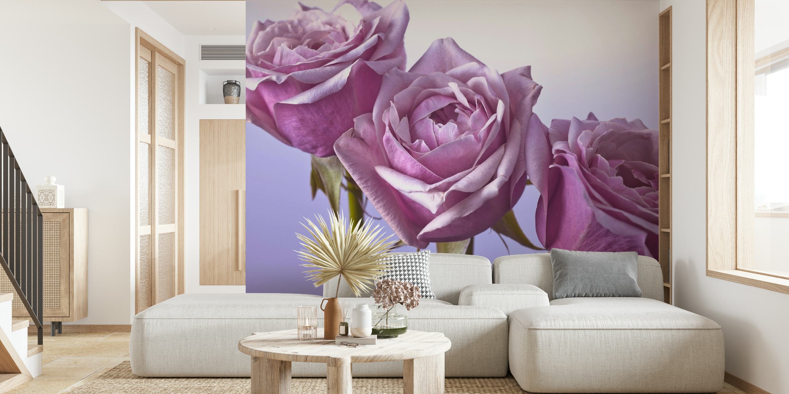 A detailed wall mural of three purple roses against a soft background