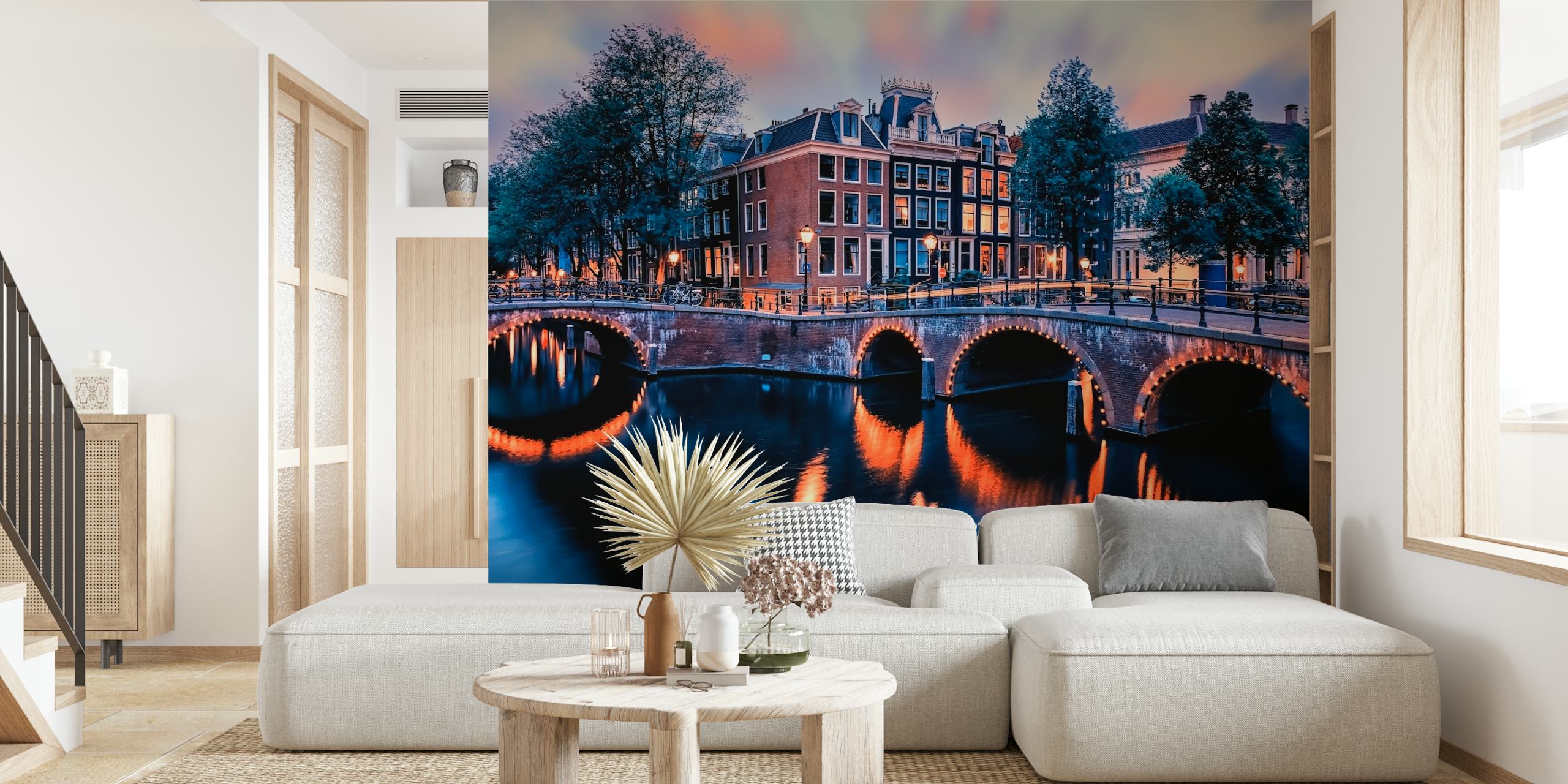 Fotomurale sulle case sui canali e sul ponte di Amsterdam al tramonto