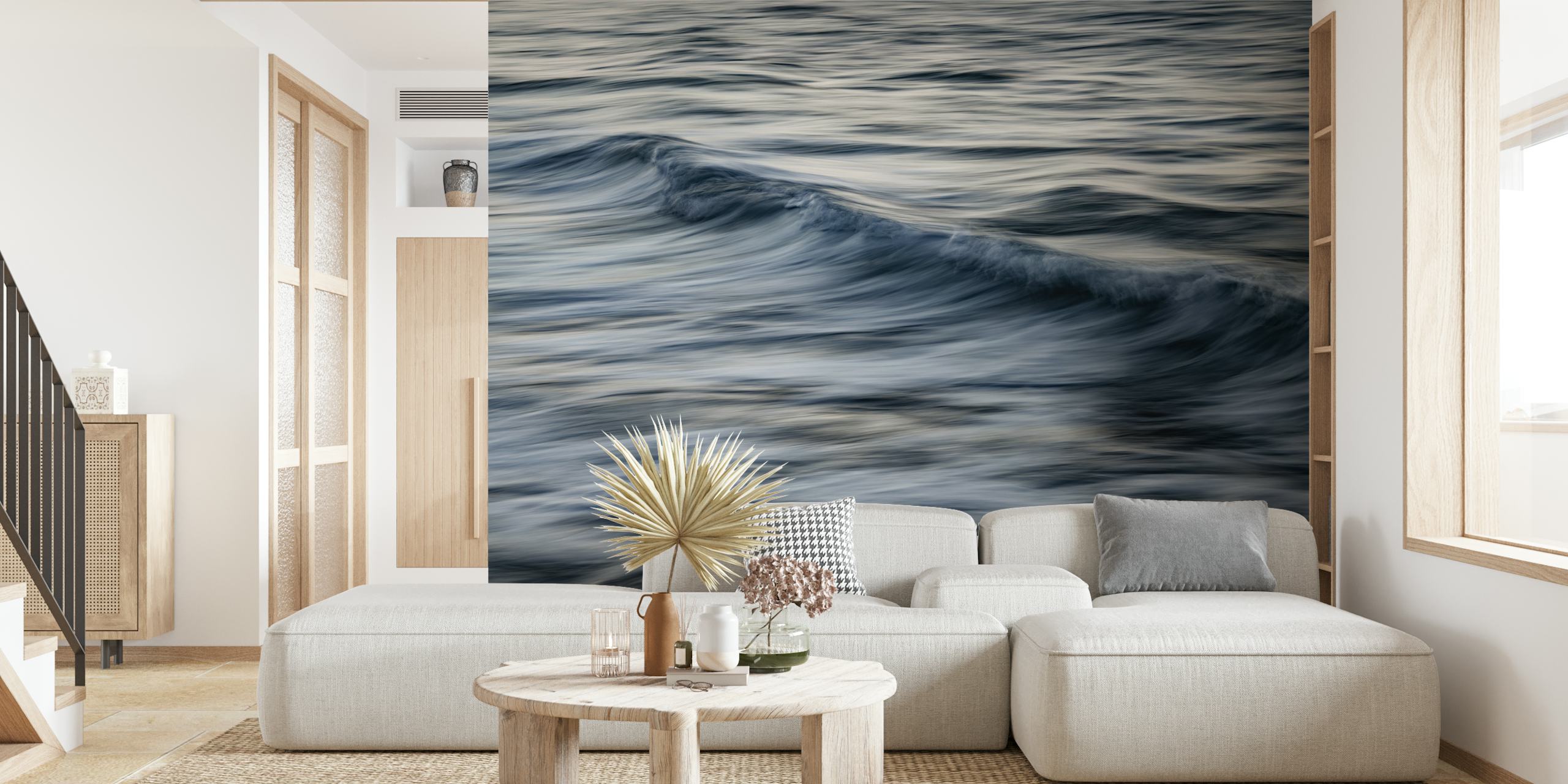 Abstract ocean waves in dark blue and grey tones wallpaper