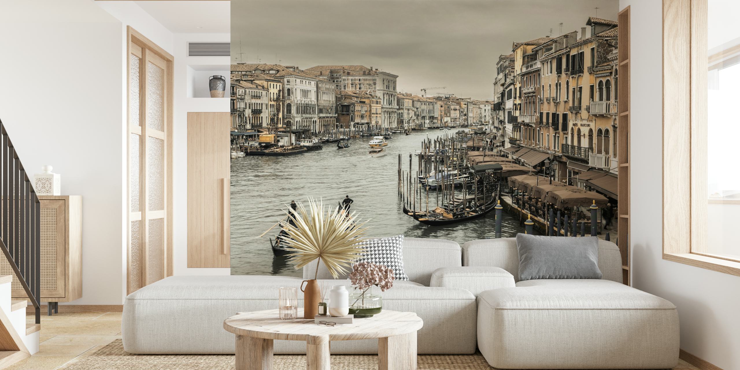 Venice Grand Canal view with boats and historic buildings in black and white wallpaper