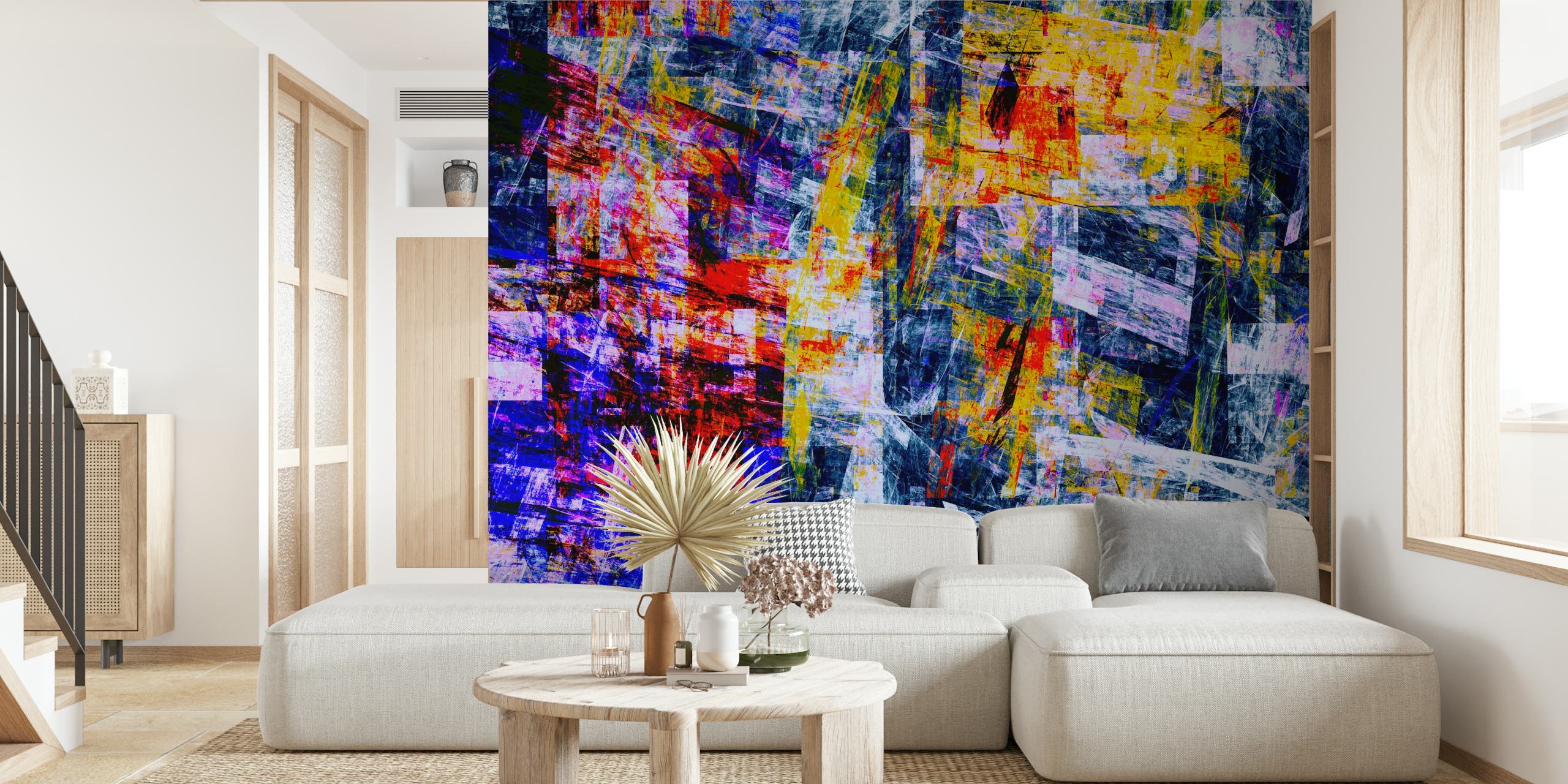 Colorful geometric abstract shapes in red, blue, yellow wallpaper