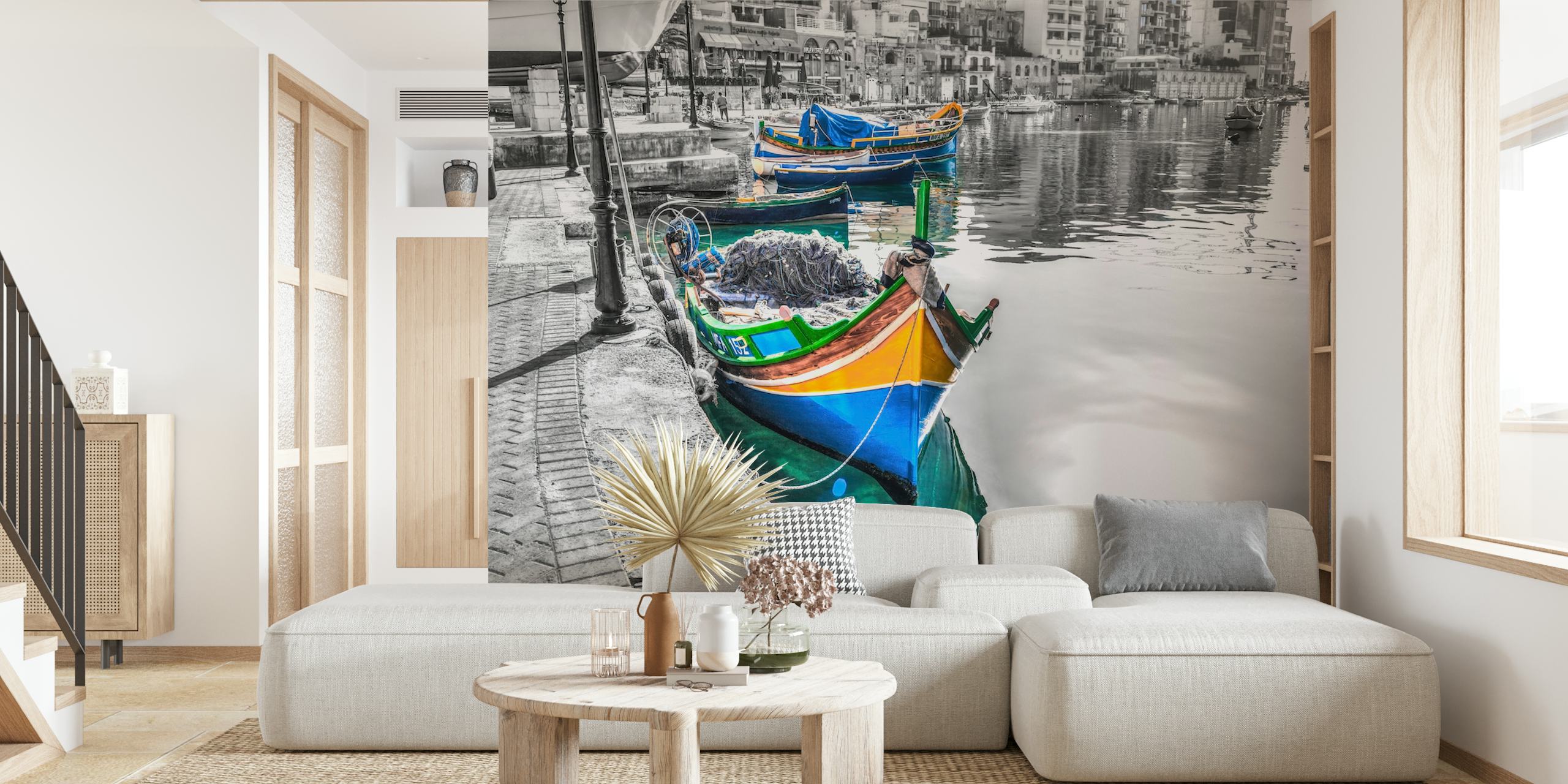 Colorful boats on water with buildings in background wallpaper