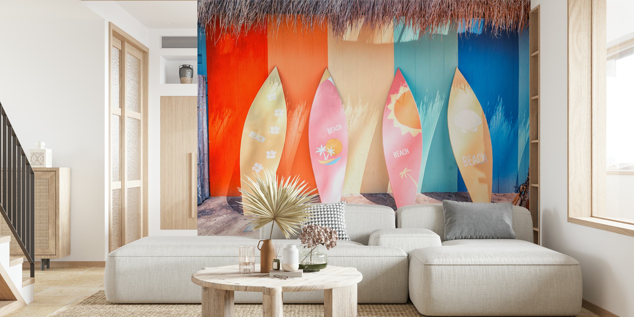 Bunte Surfbrett Tapete mit verschiedenen Stränden, orange, pink und blau, sommerlicher Stil