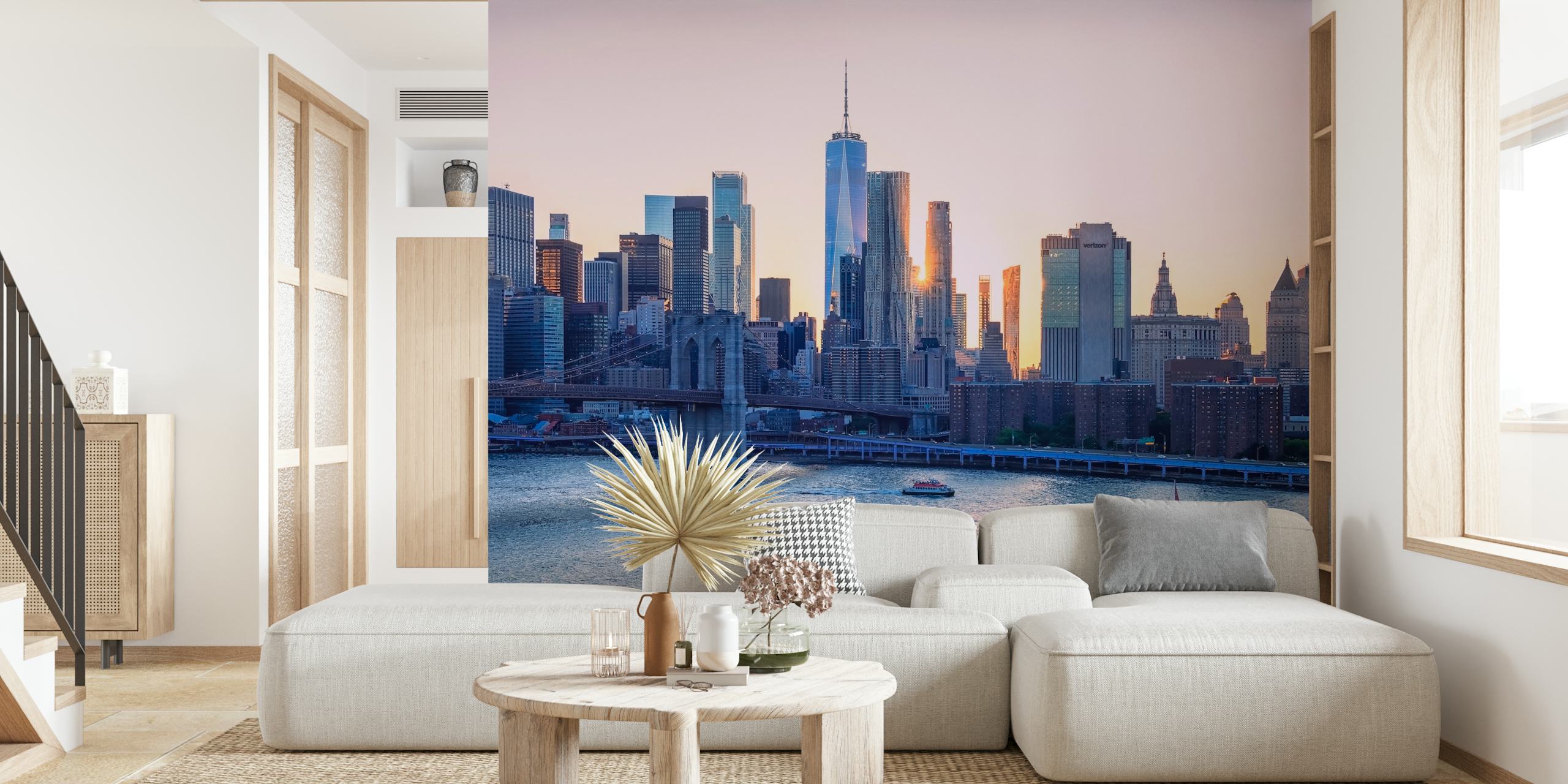 New York City skyline at sunset with purple and orange hues wallpaper