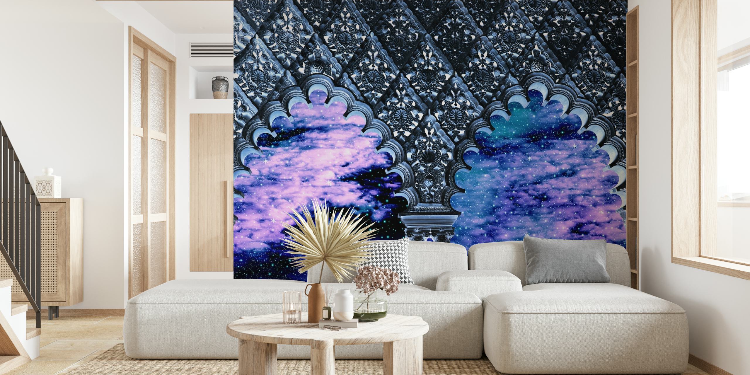 Purple and blue nebula clouds framed by ornate arches wallpaper