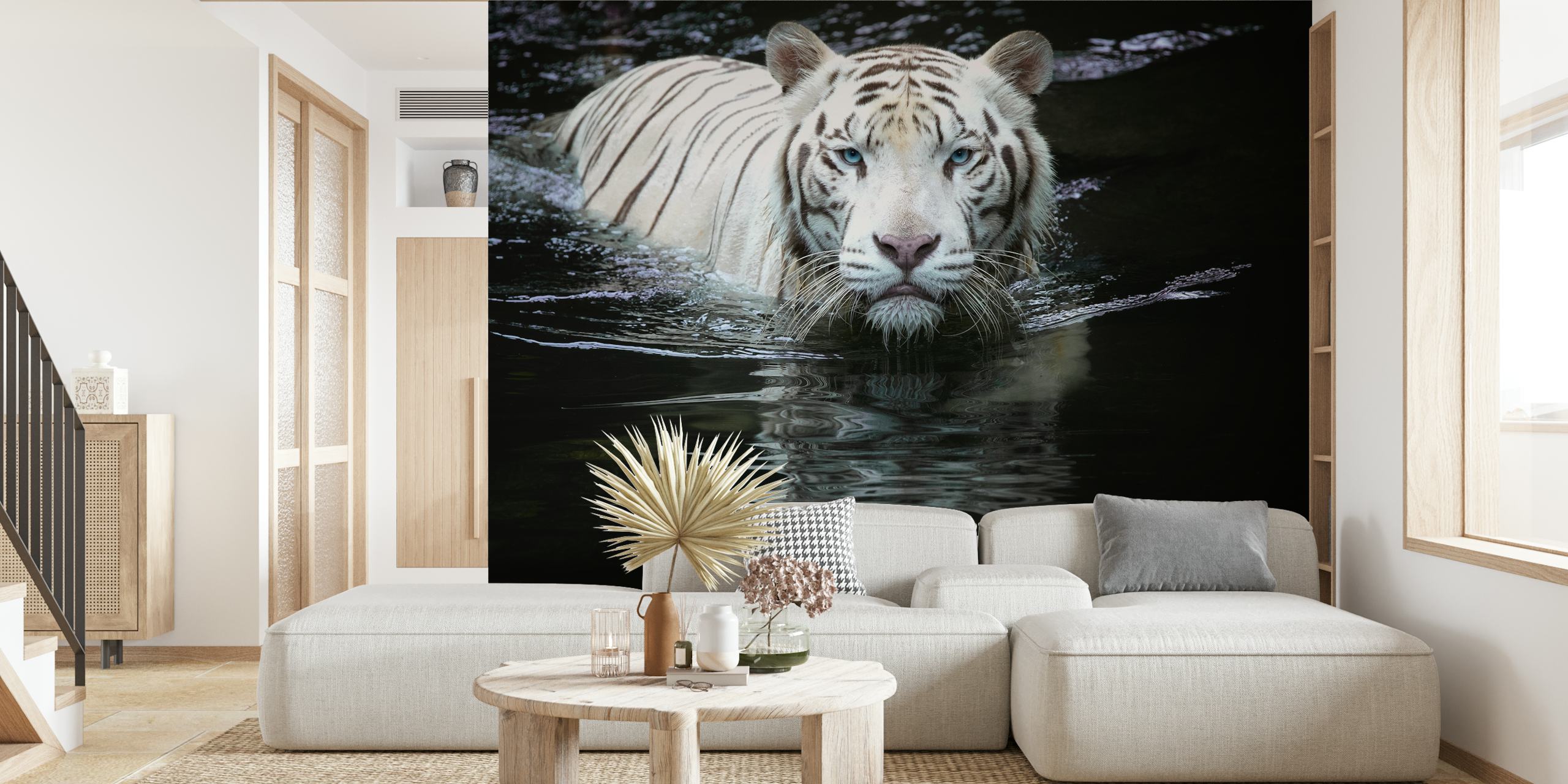 White tiger wallpaper in a modern room